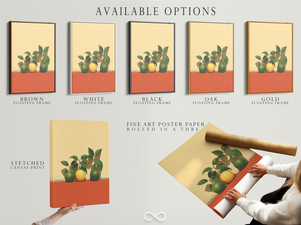 Available options for the Citrus Fruit Artwork. Choose from stretched canvas prints. Select fine art poster paper or a floating frame. Customize your botanical decor to fit your style. Perfect for kitchen or dining room.