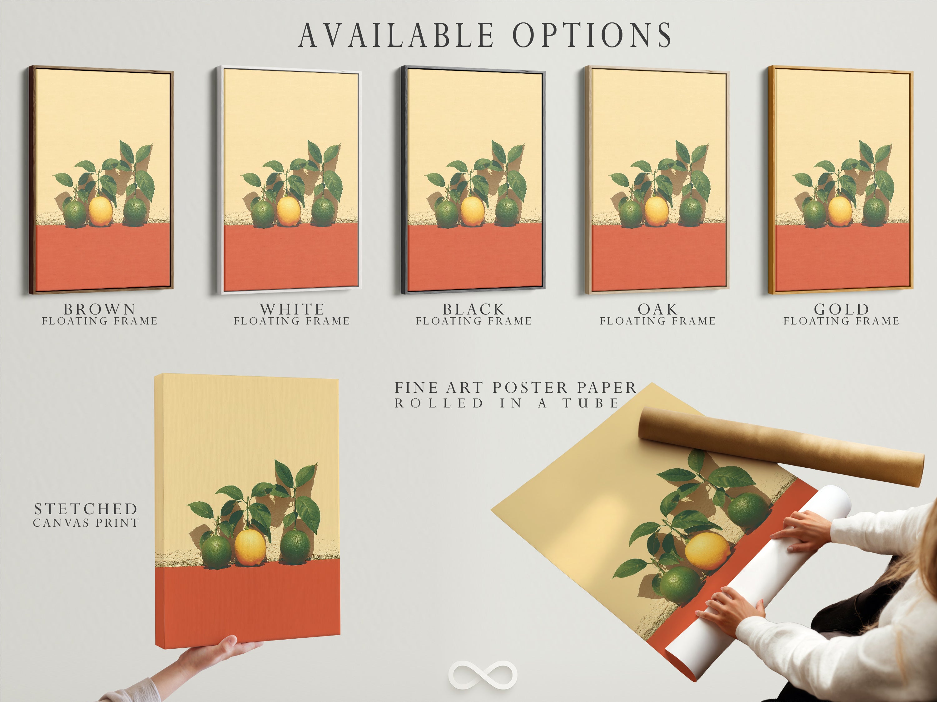 Available options for the Citrus Fruit Artwork. Choose from stretched canvas prints. Select fine art poster paper or a floating frame. Customize your botanical decor to fit your style. Perfect for kitchen or dining room.