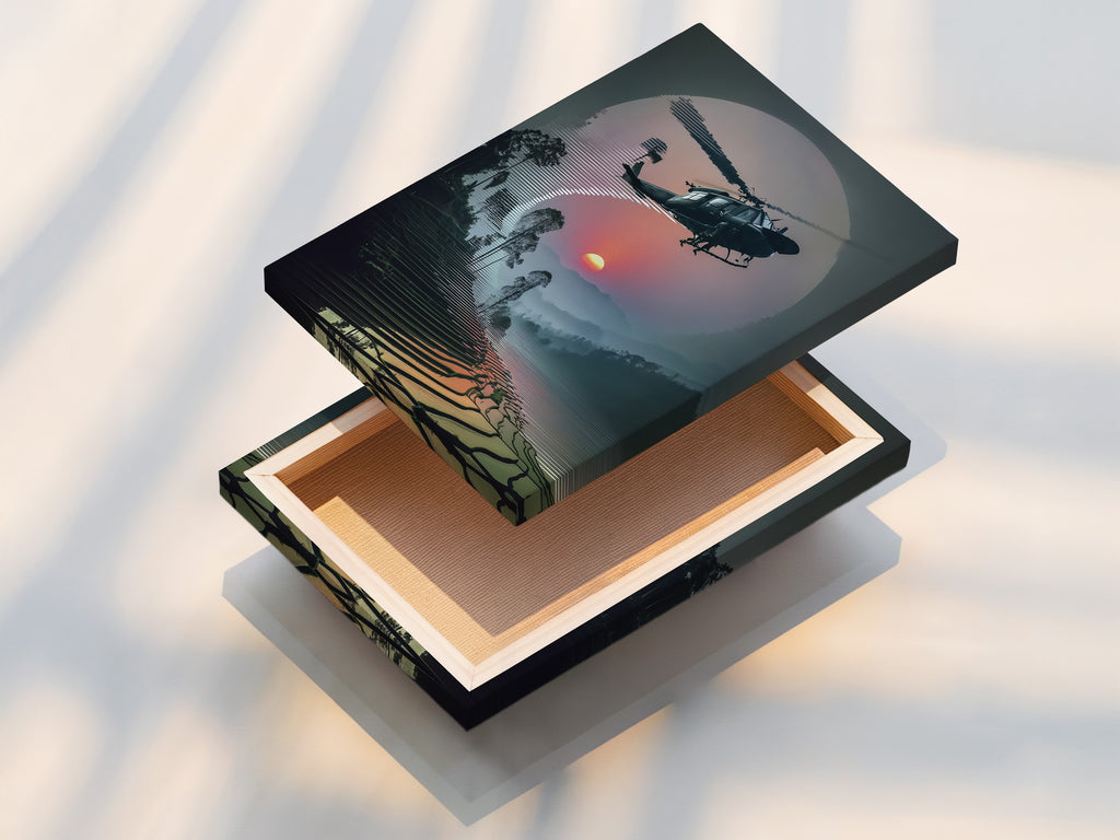 Stretched canvas print of Vietnam War Era Wall Art. The helicopter artwork is set against a sunset aviation backdrop. This military aircraft print offers a ready-to-hang solution for your decor.