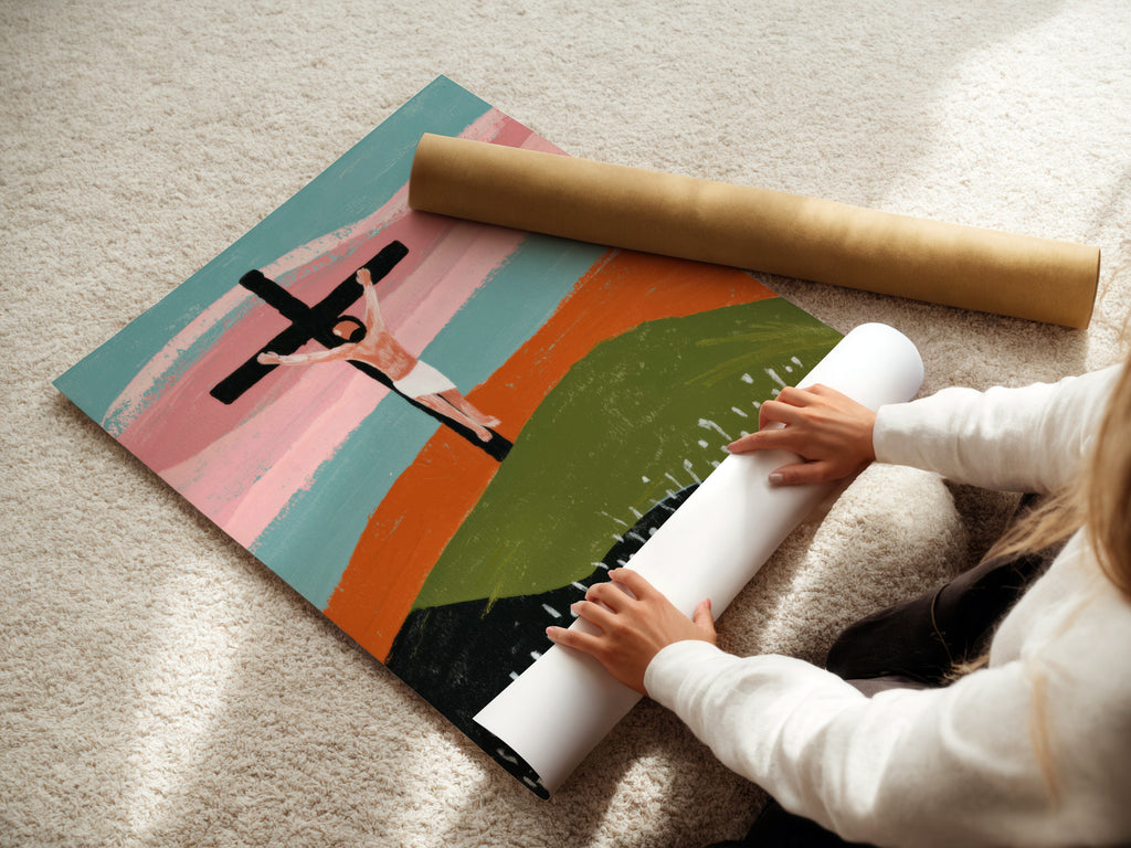 Woman rolling a fine art poster paper. High-quality fine art paper ensures vibrant colors. Archival quality paper preserves your artwork for years. Fine art paper provides a professional and polished look for art prints.
