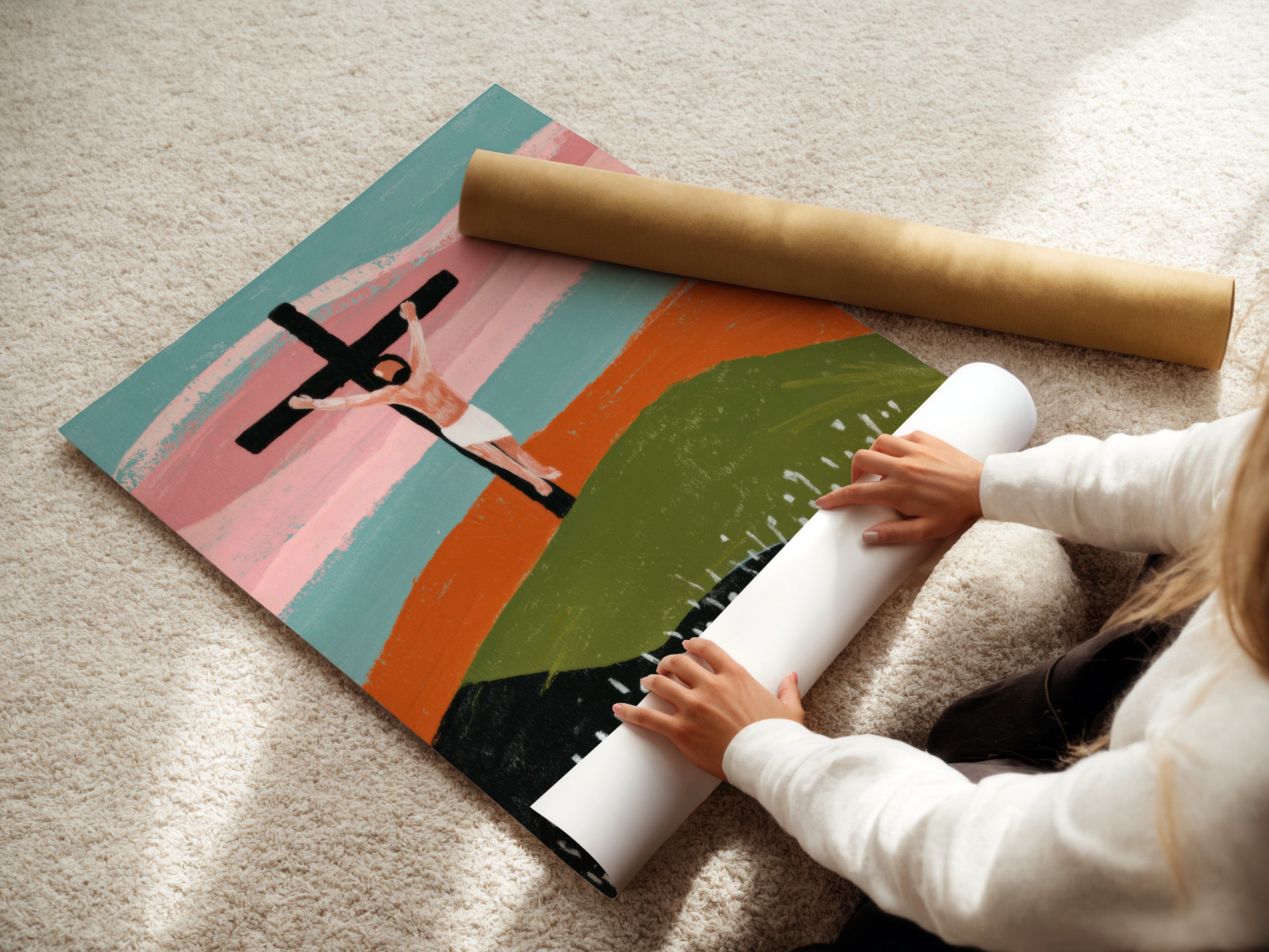 Woman rolling a fine art poster paper. High-quality fine art paper ensures vibrant colors. Archival quality paper preserves your artwork for years. Fine art paper provides a professional and polished look for art prints.