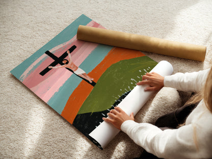 Woman rolling a fine art poster paper. High-quality fine art paper ensures vibrant colors. Archival quality paper preserves your artwork for years. Fine art paper provides a professional and polished look for art prints.