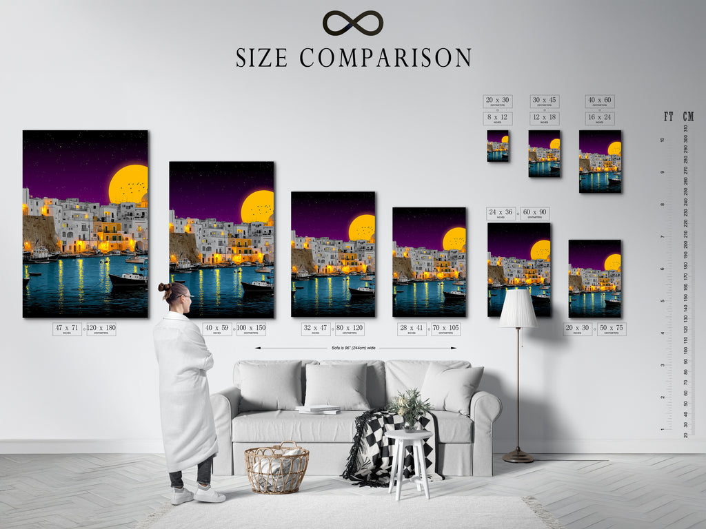 A size comparison chart shows the coastal village artwork in an interior. It helps you visualize the perfect fit for your space. Whether you choose a small print or a large canvas. It transforms any room with its Mediterranean harbor scene.