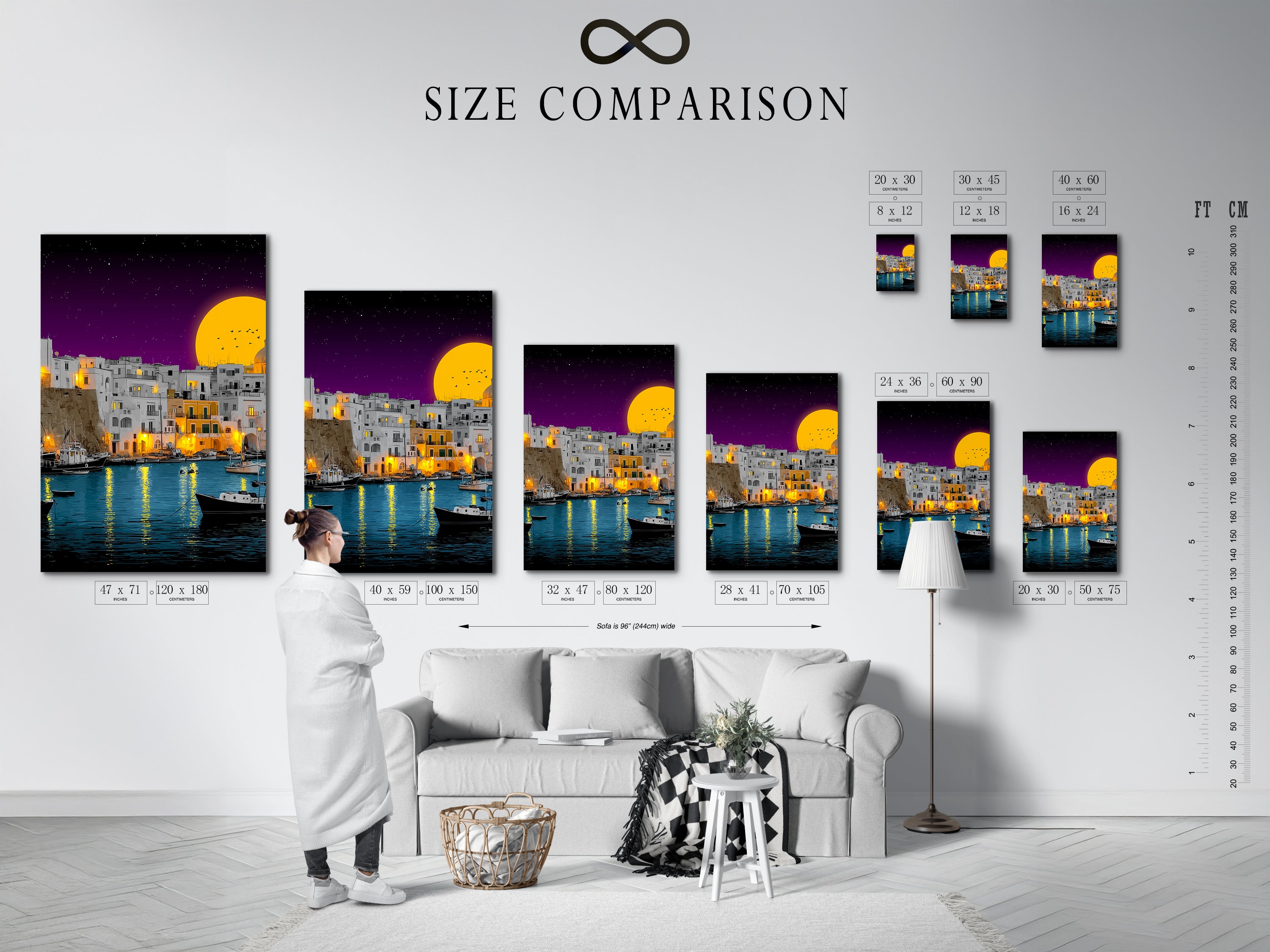 A size comparison chart shows the coastal village artwork in an interior. It helps you visualize the perfect fit for your space. Whether you choose a small print or a large canvas. It transforms any room with its Mediterranean harbor scene.