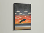 Whale Sunset ocean artwork in a black frame. A black frame provides a bold and classic appearance. It adds sophistication to your wall decor. It makes a statement in any setting.