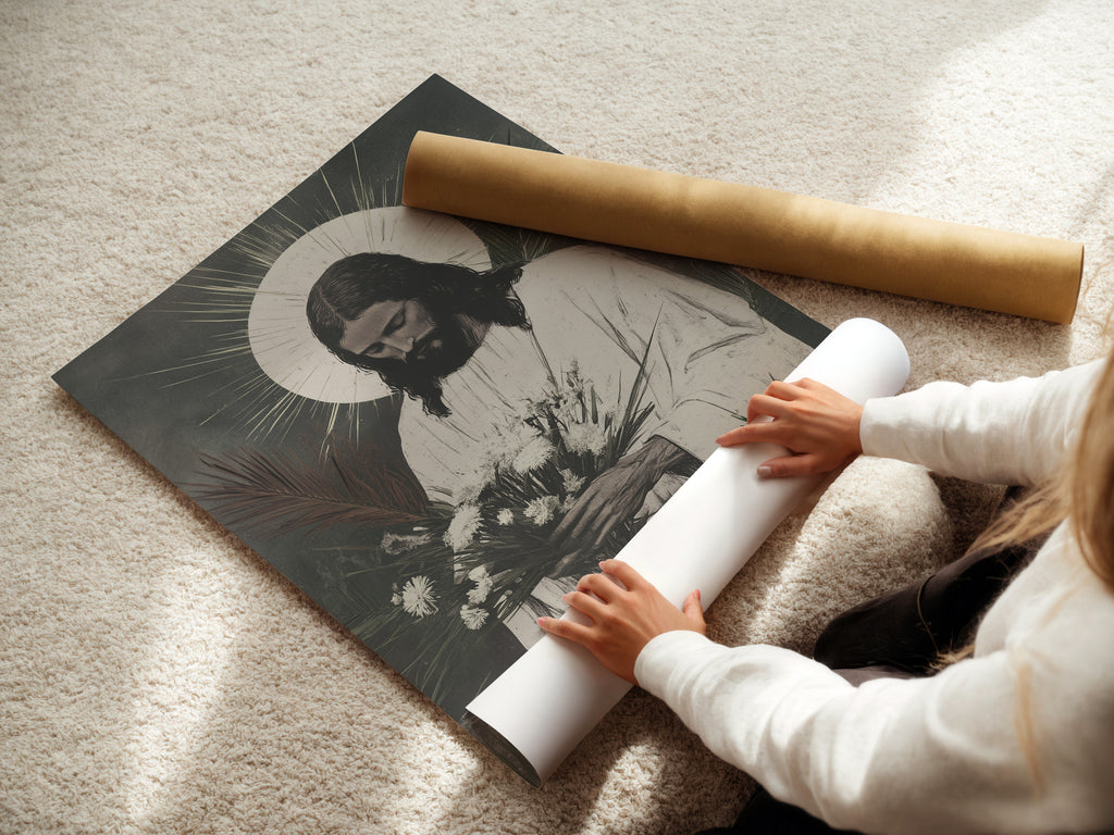 This is a woman carefully rolling a fine art poster paper. The paper is high-quality and ready for printing. Ensure your art is printed on the best materials. Choose our fine art poster paper for stunning results. Shop now