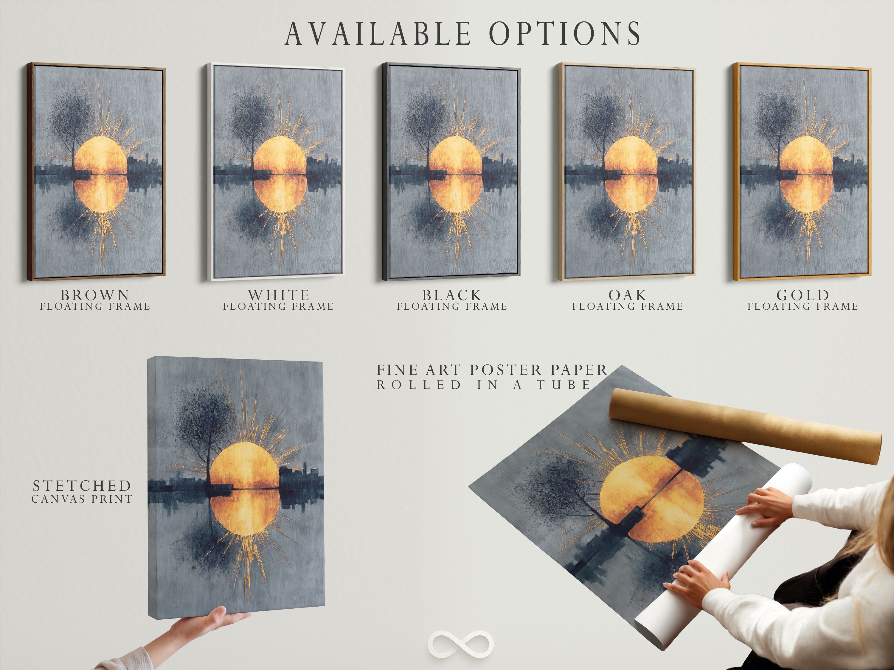 Explore our available options for the sunrise reflection artwork. Choose from a stretched canvas print or fine art poster paper. Opt for a floating frame to enhance your modern wall art. Find the perfect piece for your home decor.