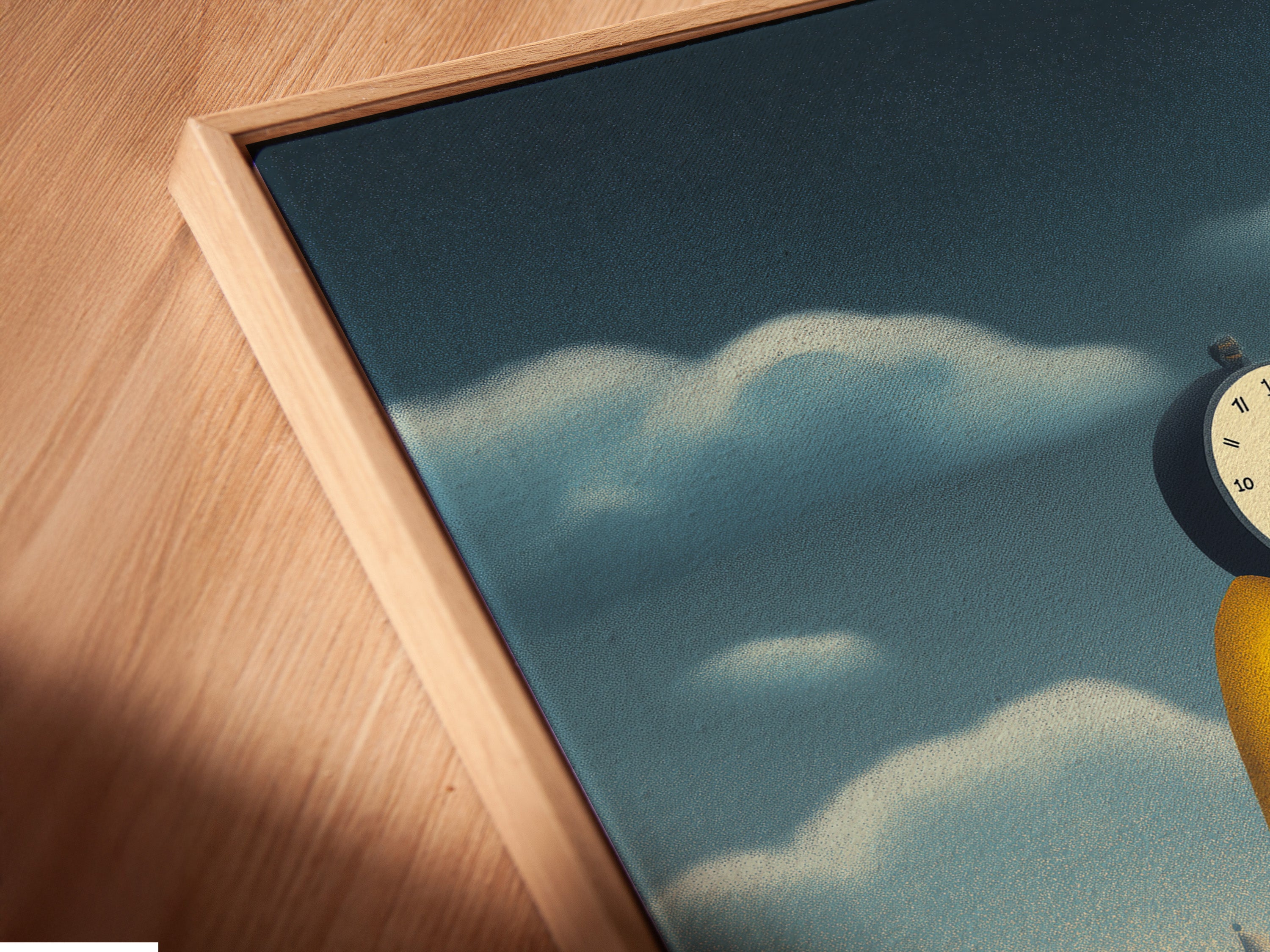 A close up angled view shows a canvas print in a floating frame. The floating frame creates a modern gallery look. It makes the canvas appear to float within the frame. Experience the unique look of a floating frame.