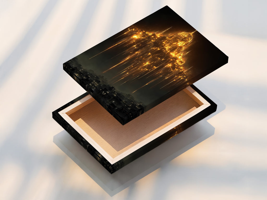 This stretched canvas print displays gothic cathedral art. It is a great piece of mystical wall art for dark academia decor. The fantasy architecture features golden light art. Enhance your space with this cathedral print. Gothic wall decor adds a unique touch. Perfect for any room.