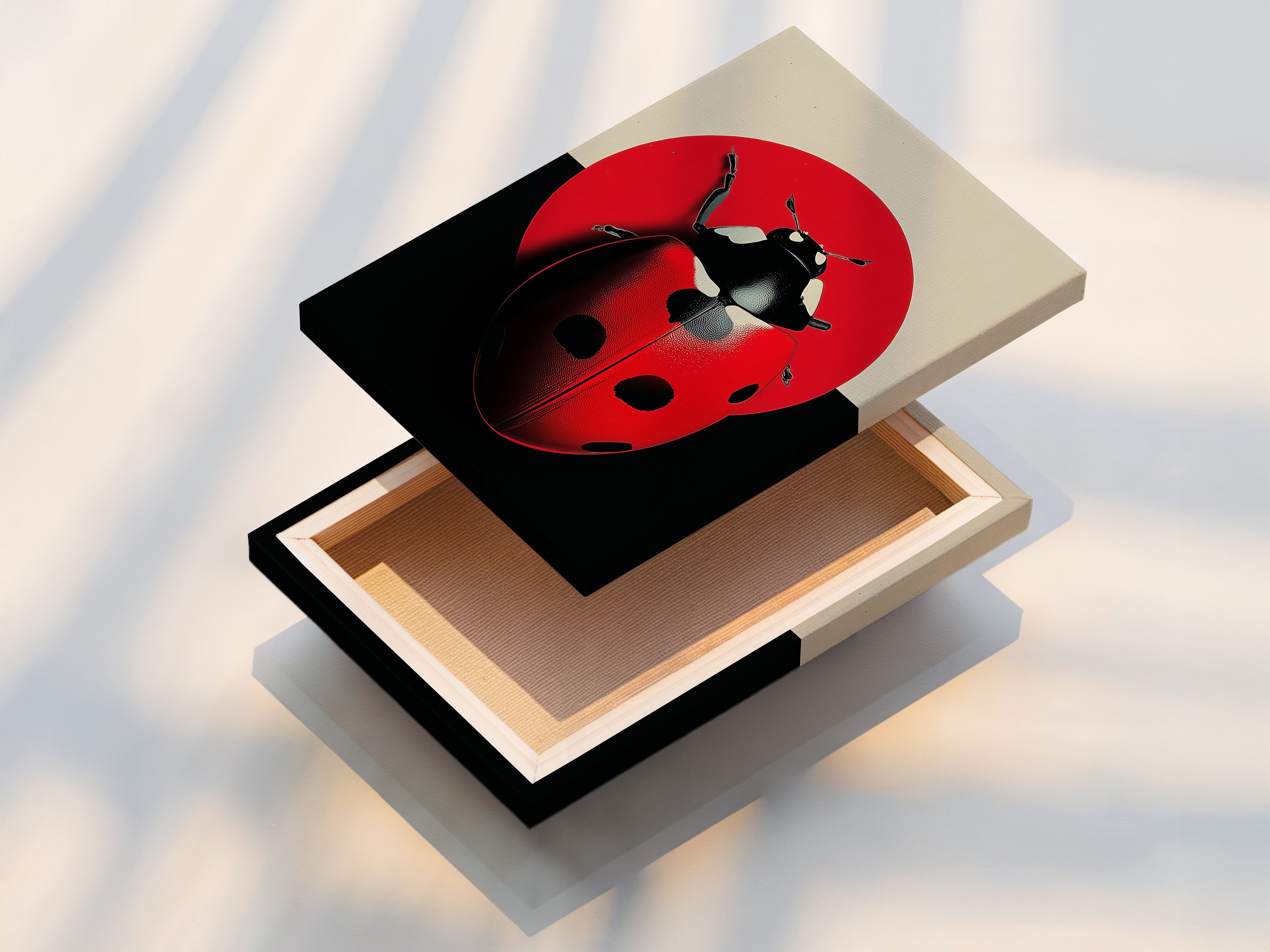 This shows a stretched canvas print of the ladybug artwork. The red insect canvas is ready to hang. This modern art print is perfect for kids' room decor. It's a vibrant and engaging piece for any wall.