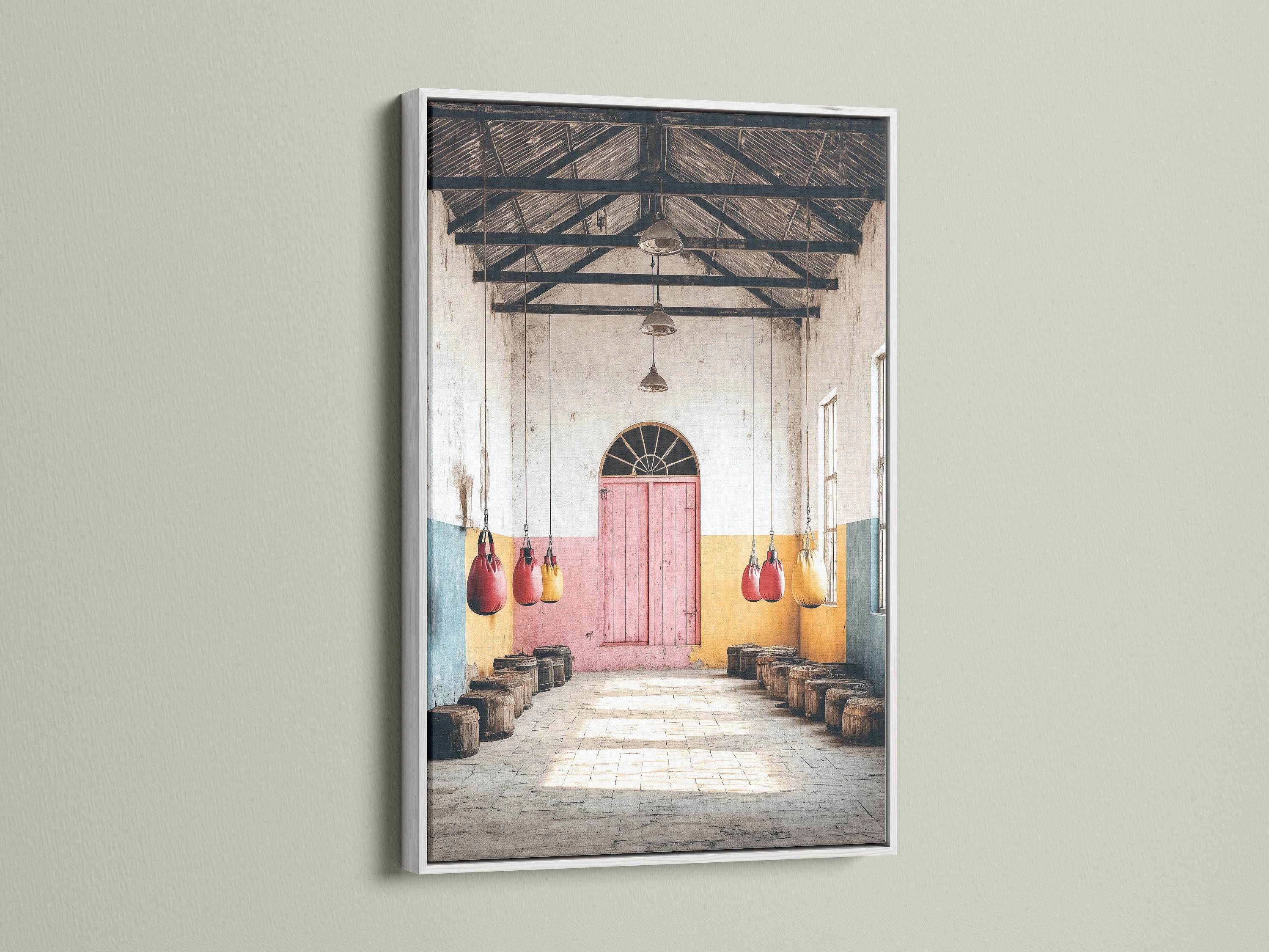 A vintage gym canvas print is showcased in a white frame. The pastel wall art brightens any room. This sport wall decor is perfect for fitness enthusiasts. It's a great addition to a gym or training room. The white frame enhances the vintage artwork.