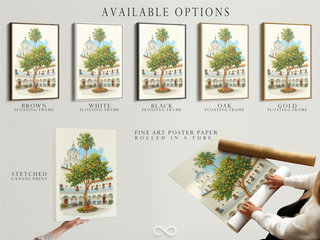 Available options for the Spanish Courtyard artwork. Choose between a stretched canvas print fine art poster paper or a floating frame. Artwork features a white building with a blue dome and an orange tree. Customize your artwork to match your decor.