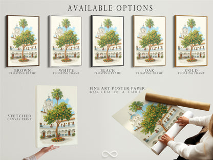Available options for the Spanish Courtyard artwork. Choose between a stretched canvas print fine art poster paper or a floating frame. Artwork features a white building with a blue dome and an orange tree. Customize your artwork to match your decor.