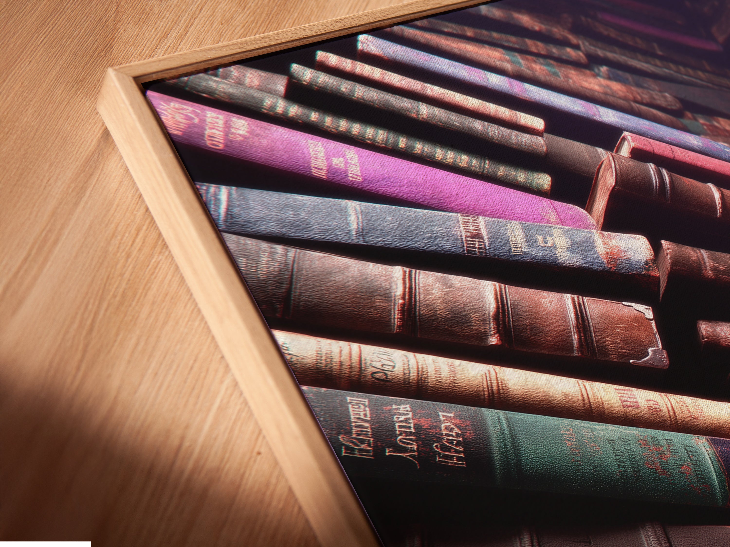 A close-up of a canvas print in a floating frame. The vintage books artwork adds a touch of class to any room. It is a great piece for a library or study room. The frame enhances the rich colors. This is a great book lover gift.