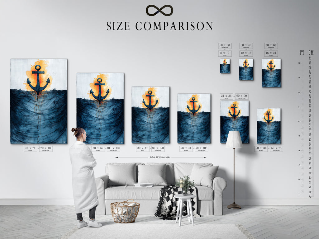 Size comparison chart in an interior setting. The art features an anchor and ocean waves. Visualize the perfect fit for your space with our size options. Find the ideal dimensions for your nautical wall art. Enhance your home with coastal prints.