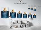 Size comparison chart in an interior setting. The art features an anchor and ocean waves. Visualize the perfect fit for your space with our size options. Find the ideal dimensions for your nautical wall art. Enhance your home with coastal prints.