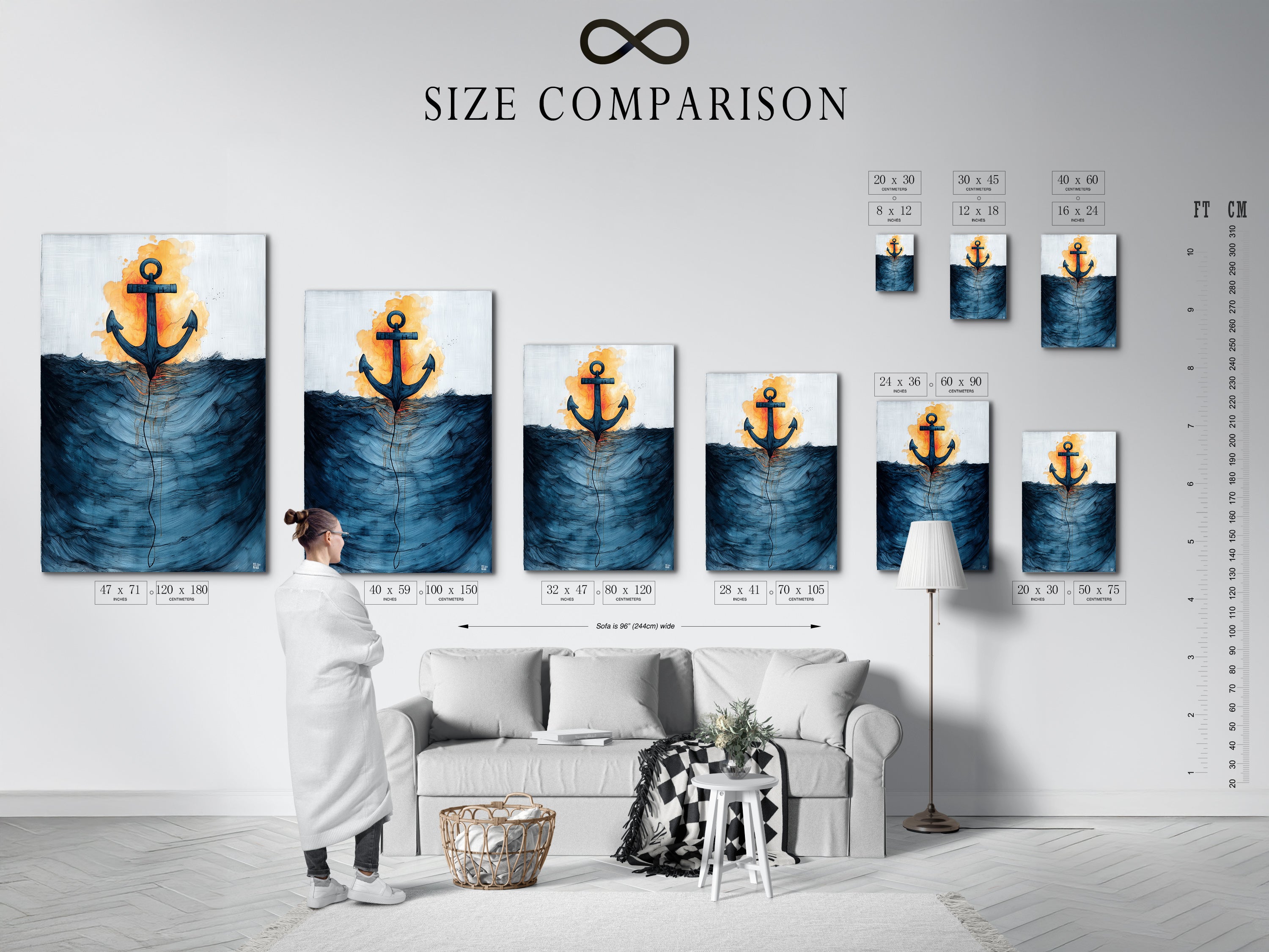 Size comparison chart in an interior setting. The art features an anchor and ocean waves. Visualize the perfect fit for your space with our size options. Find the ideal dimensions for your nautical wall art. Enhance your home with coastal prints.