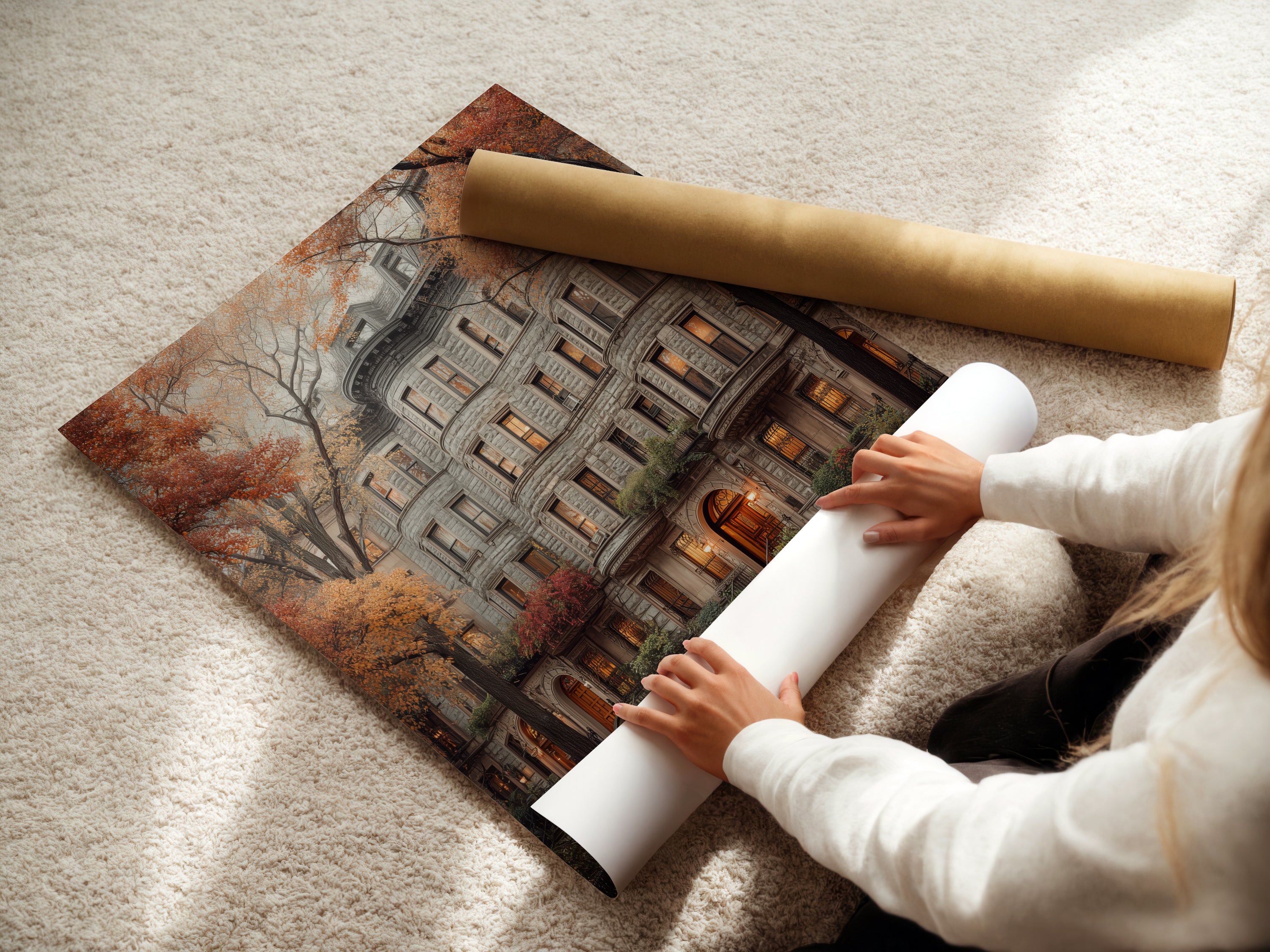 A woman is rolling a fine art poster paper. The paper features a vintage building and autumn colors. The fine art poster paper captures architectural detail. This creates a beautiful cityscape print. It is perfect for framing and display.