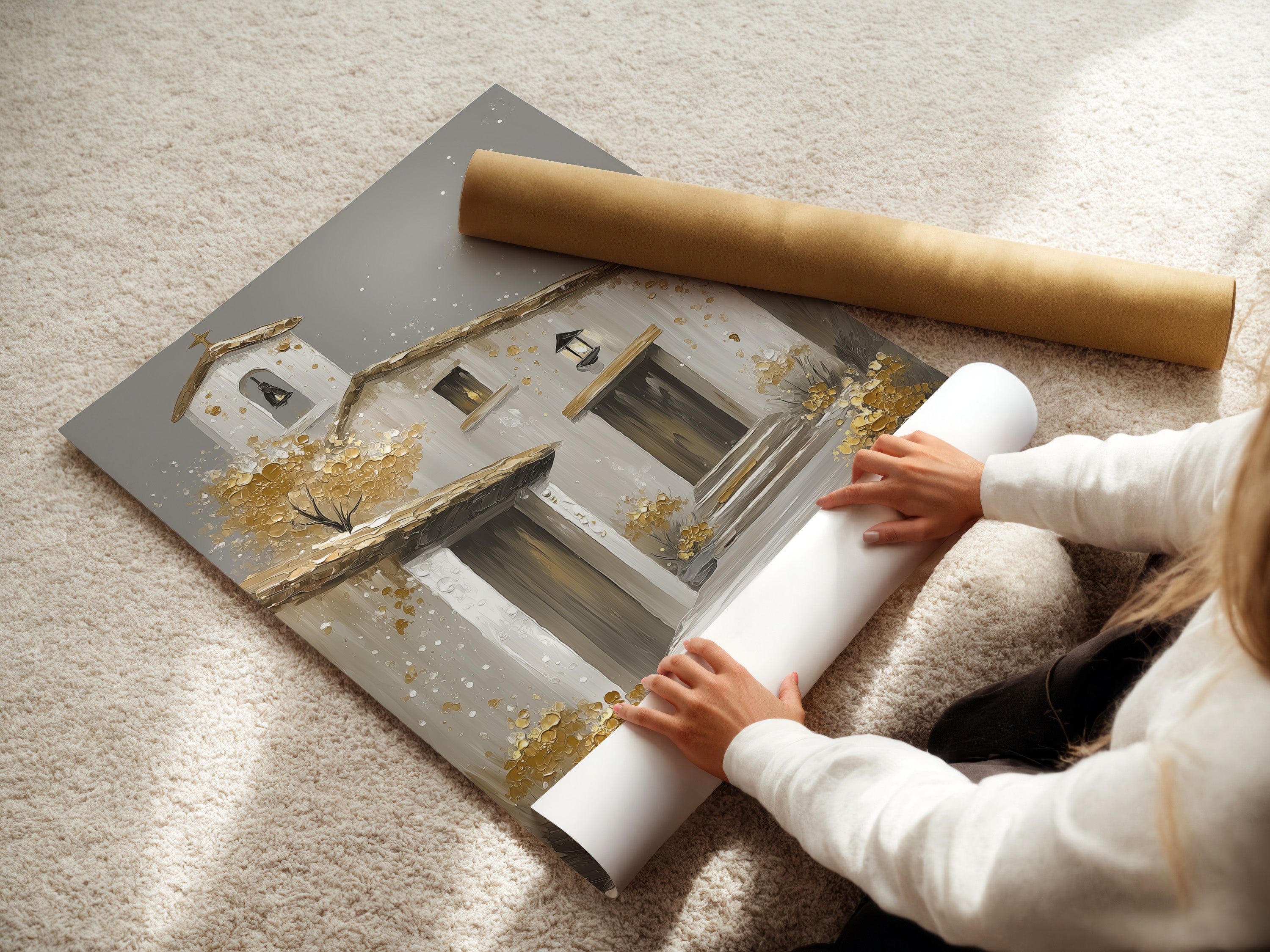 A woman is carefully rolling a fine art poster paper. The poster paper is high-quality and archival. It ensures that your artwork will last for years. The woman is taking care to avoid creases or damage. Protect your artwork during storage and transportation.