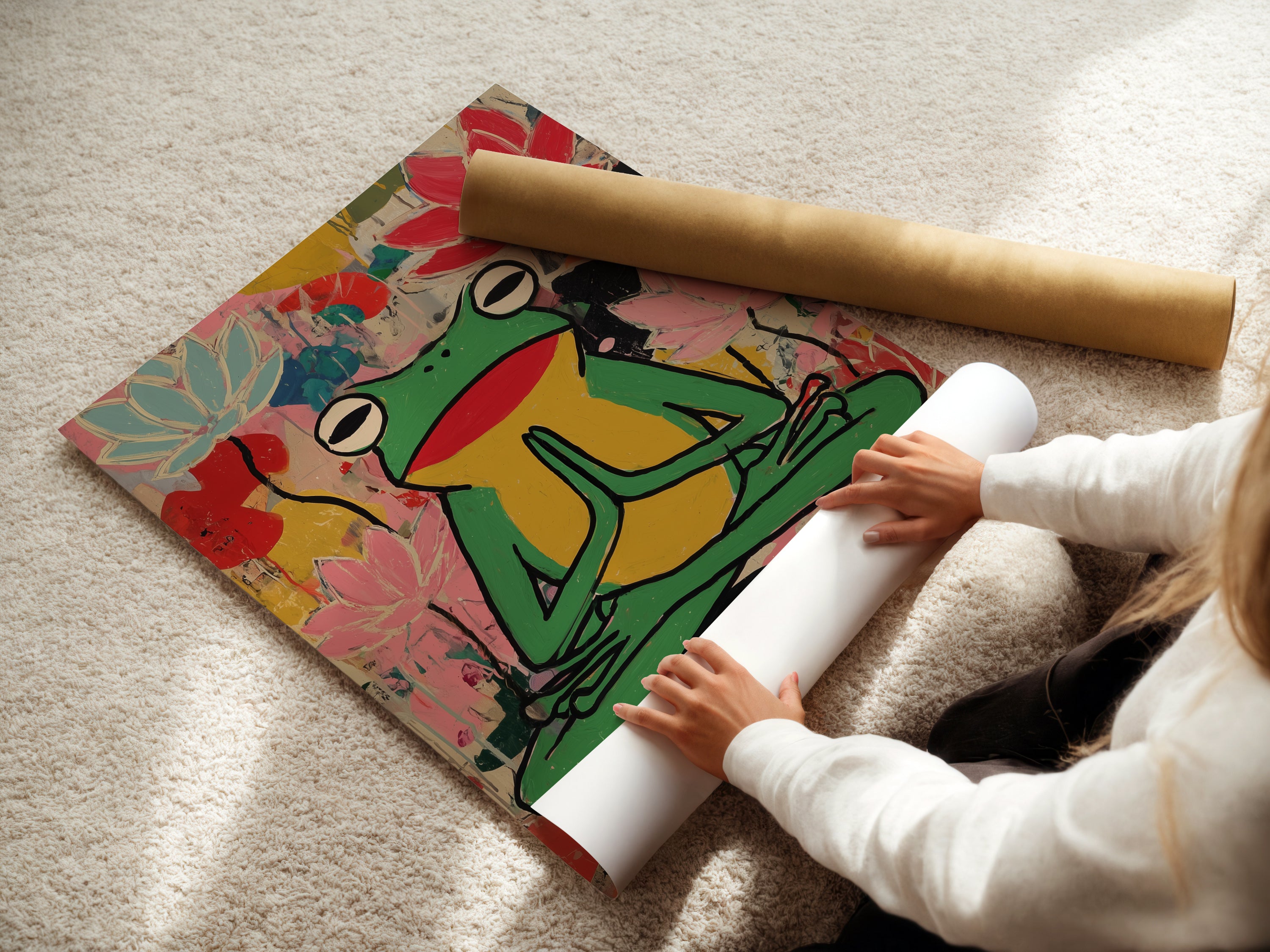 A woman is carefully rolling a fine art poster paper print of the Zen Frog artwork. The meditation lotus art brings colorful yoga studio decor for mindfulness. Perfect for art lovers and wellness spaces. The artwork complements eclectic boho contemporary styles