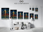 EV-09 displays a size comparison chart in an interior setting. The chart helps visualize artwork dimensions in a room. Use the chart to choose the perfect size for your space. This tool assists in making informed art selections. Ensure your artwork fits your interior perfectly.