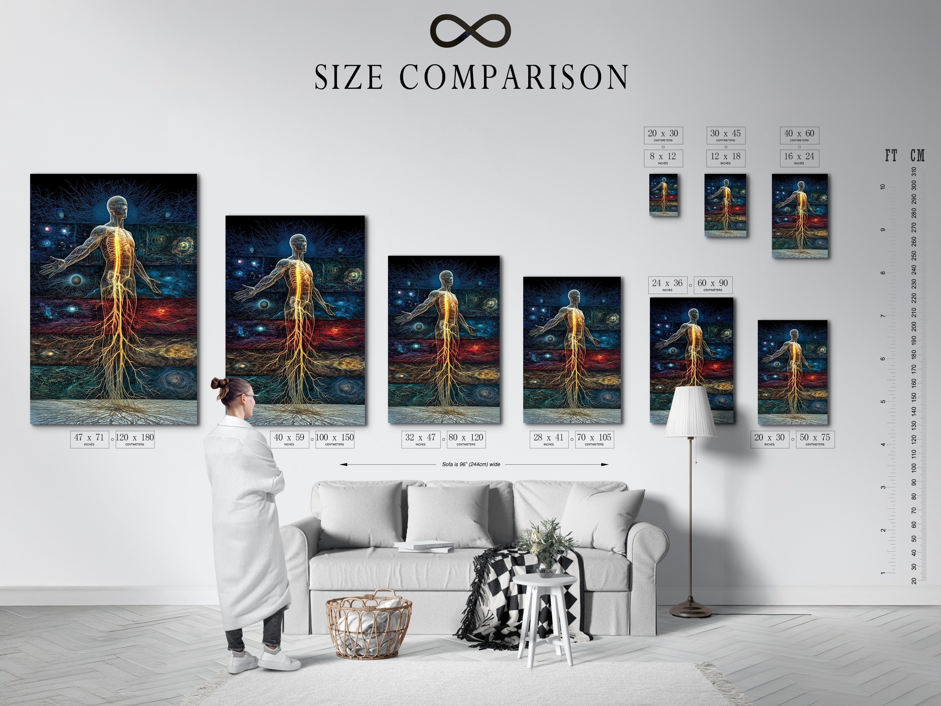 EV-09 displays a size comparison chart in an interior setting. The chart helps visualize artwork dimensions in a room. Use the chart to choose the perfect size for your space. This tool assists in making informed art selections. Ensure your artwork fits your interior perfectly.