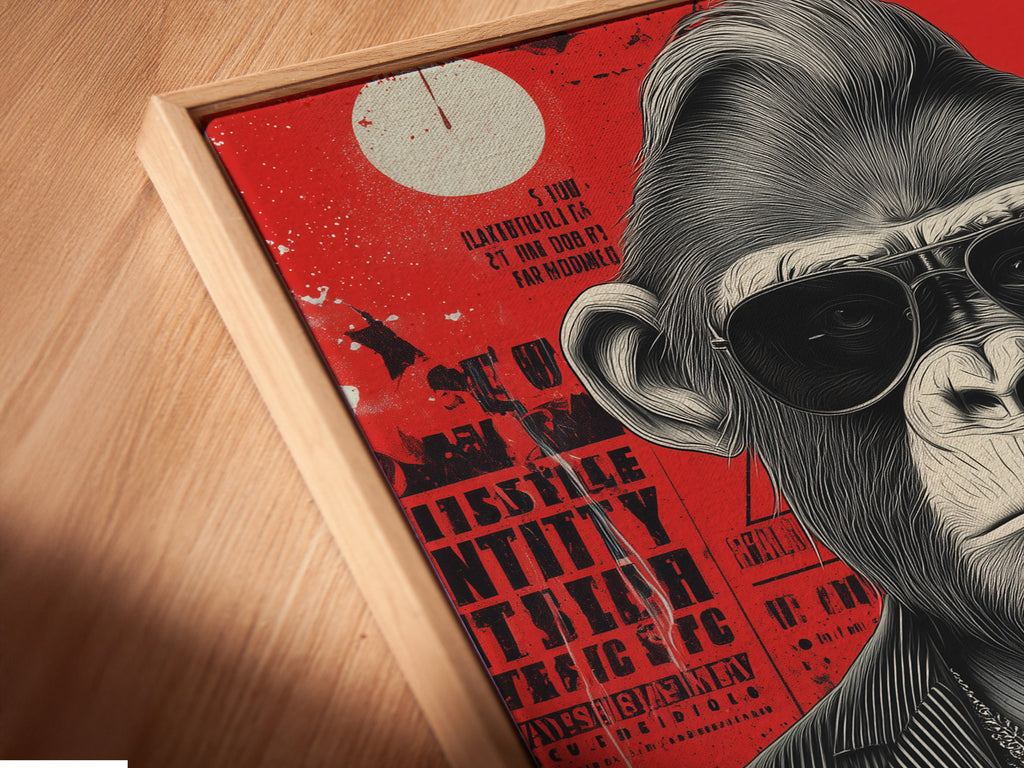 Angled close up of a canvas print in floating frame. The Cool Gorilla Art Print adds sophistication to any space. This lawyer monkey art is ideal for legal professionals and art enthusiasts