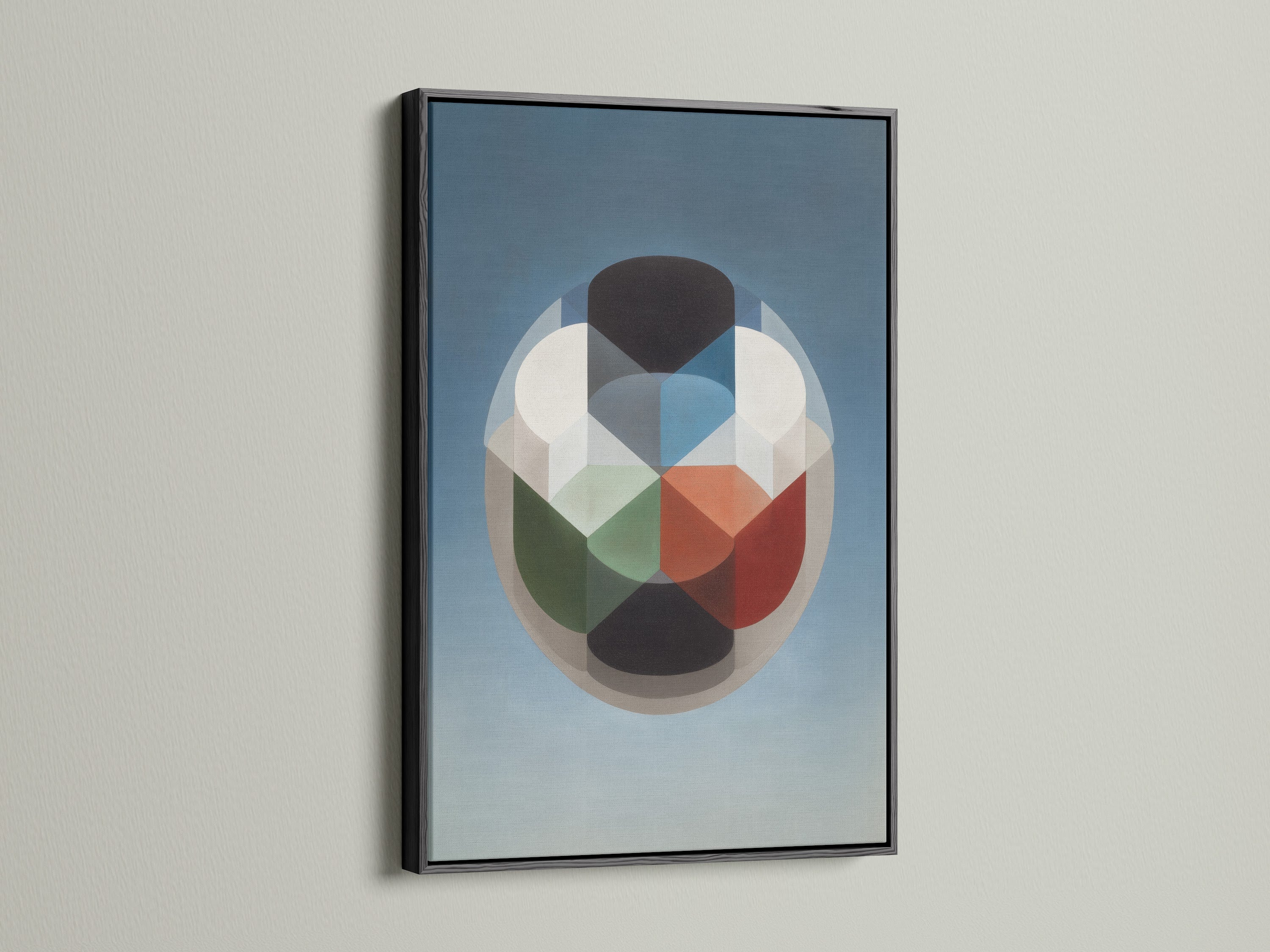 Abstract Geometric Wall Art in a Black Frame. Enhance your office or bedroom decor with this modern canvas art. The color block art brings a vintage modern touch. It's a stylish addition to any wall.