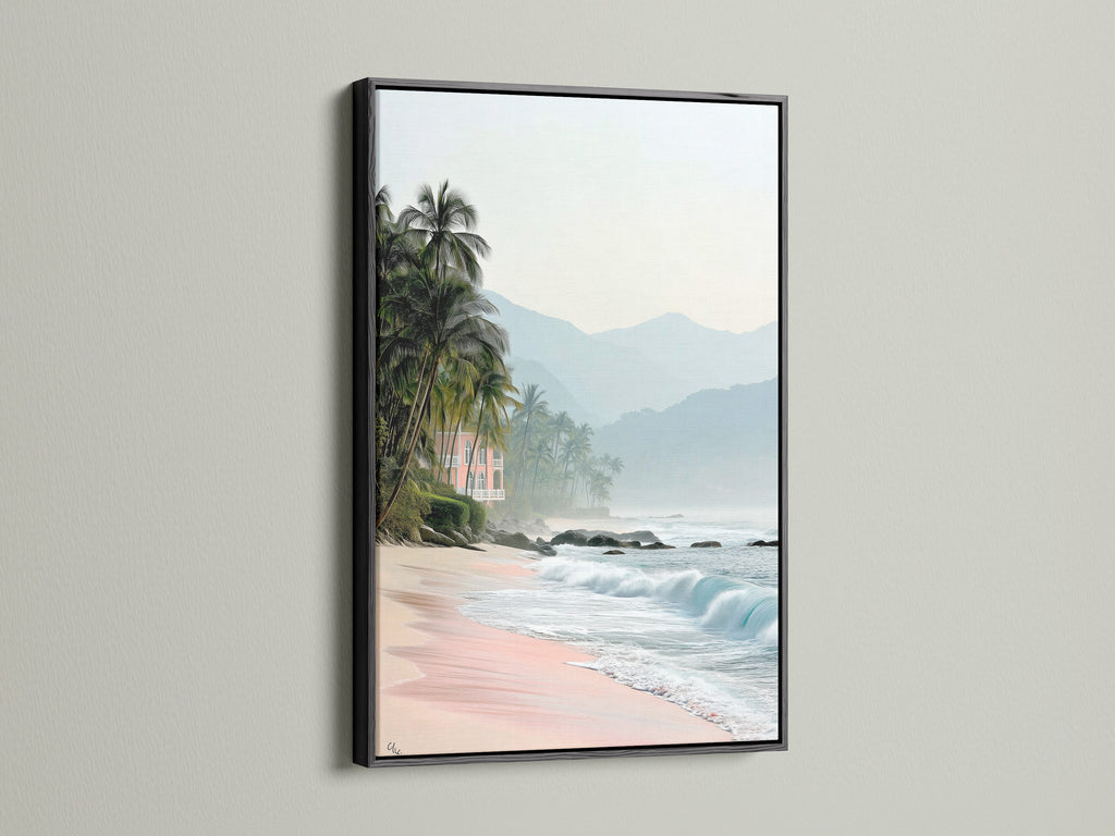A black frame enhances this tropical beach canvas print. The coastal scenery artwork features pink sand. The ocean view adds a touch of serenity. Perfect for vacation home decor.