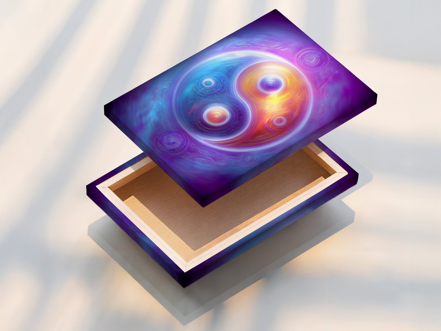 A stretched canvas print displays the Yin Yang artwork. This cosmic spiritual wall art is ready to hang. The purple rainbow galaxy adds color to any room. It is perfect for healing spaces.