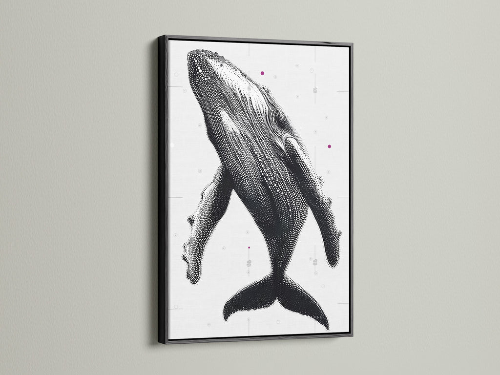 Humpback Whale art print in a sleek black frame. This whale canvas print is modern and refined. Perfect for interior decorators. This ocean animal art is great for bathrooms and lobbies. A timeless piece of coastal wall decor. Refined artwork.