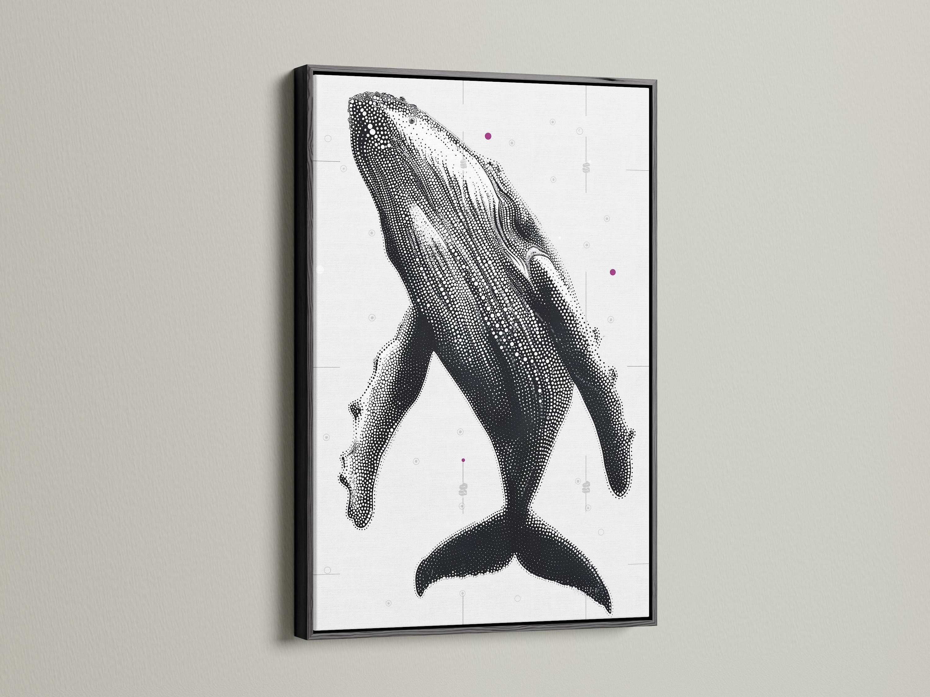 Humpback Whale art print in a sleek black frame. This whale canvas print is modern and refined. Perfect for interior decorators. This ocean animal art is great for bathrooms and lobbies. A timeless piece of coastal wall decor. Refined artwork.