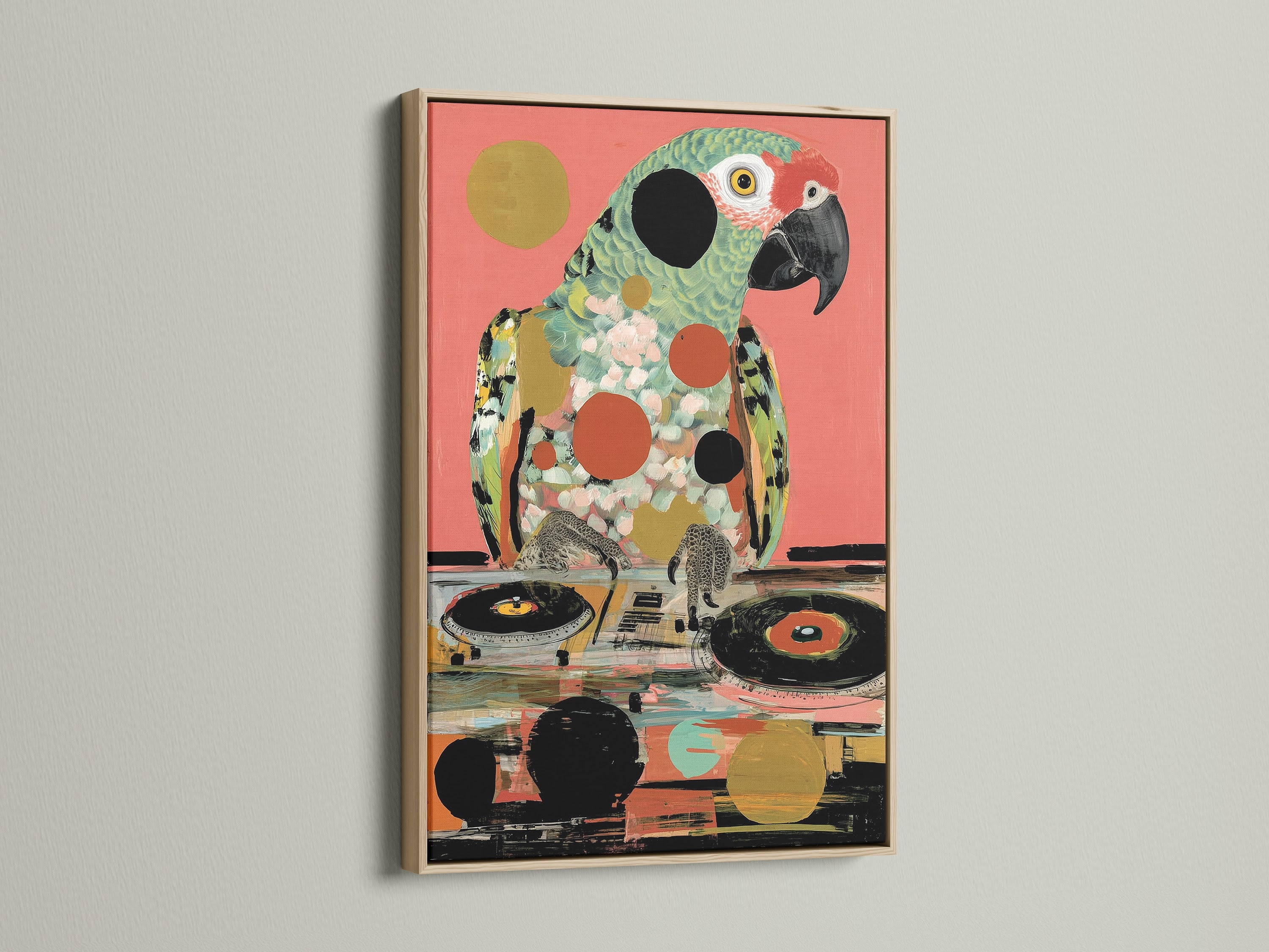 The Parrot DJ art print is showcased in an oak frame. This retro turntable canvas print is ideal for music room decor. The warm tones of the oak enhance the colorful parrot art. Perfect music wall decor for funky animal art lovers.