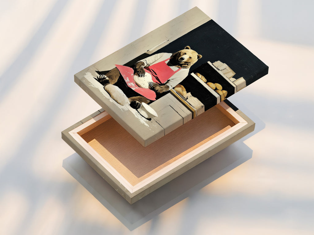 A stretched canvas print of the bear baker artwork is displayed. The stretched canvas provides a gallery-ready look. This artwork is perfect for kitchens and cafes. It brings a professional and polished touch to your decor.