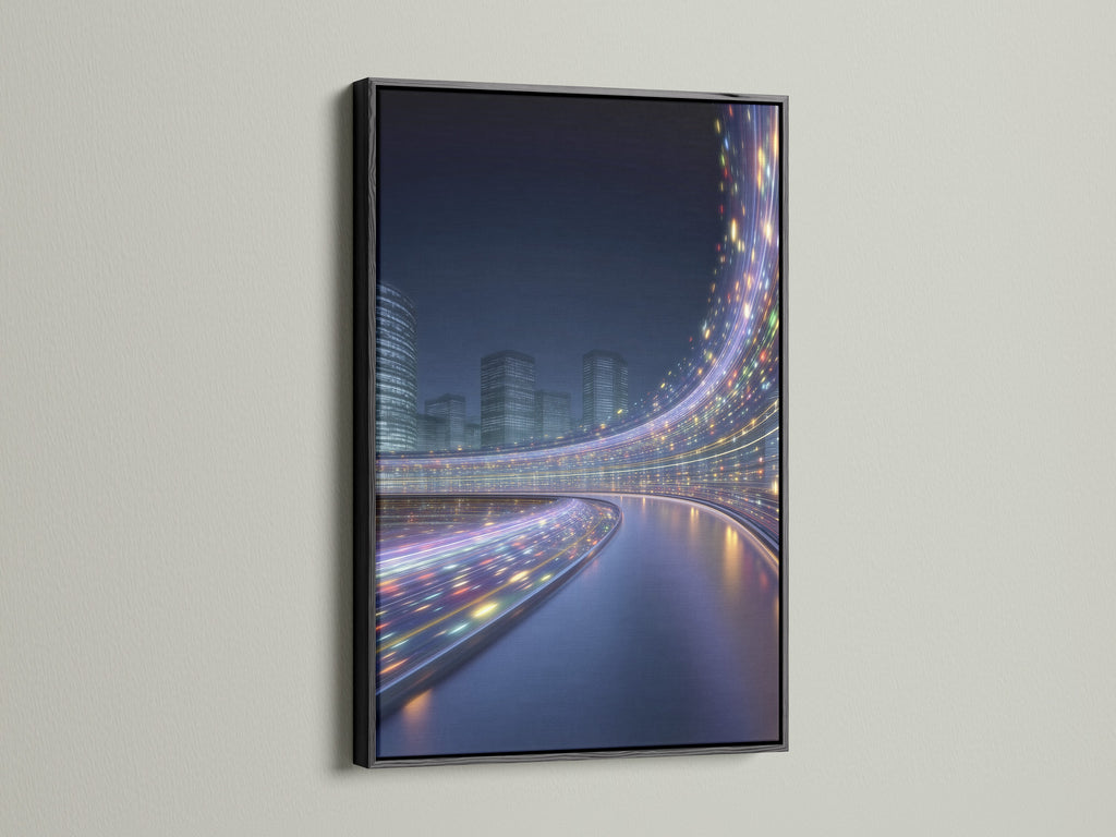 Futuristic cityscape artwork in a black frame. The modern urban wall art features stunning digital city lights. The black frame adds a bold and sophisticated touch. Ideal for creating a focal point in your living room bedroom or office space. It complements modern decor.