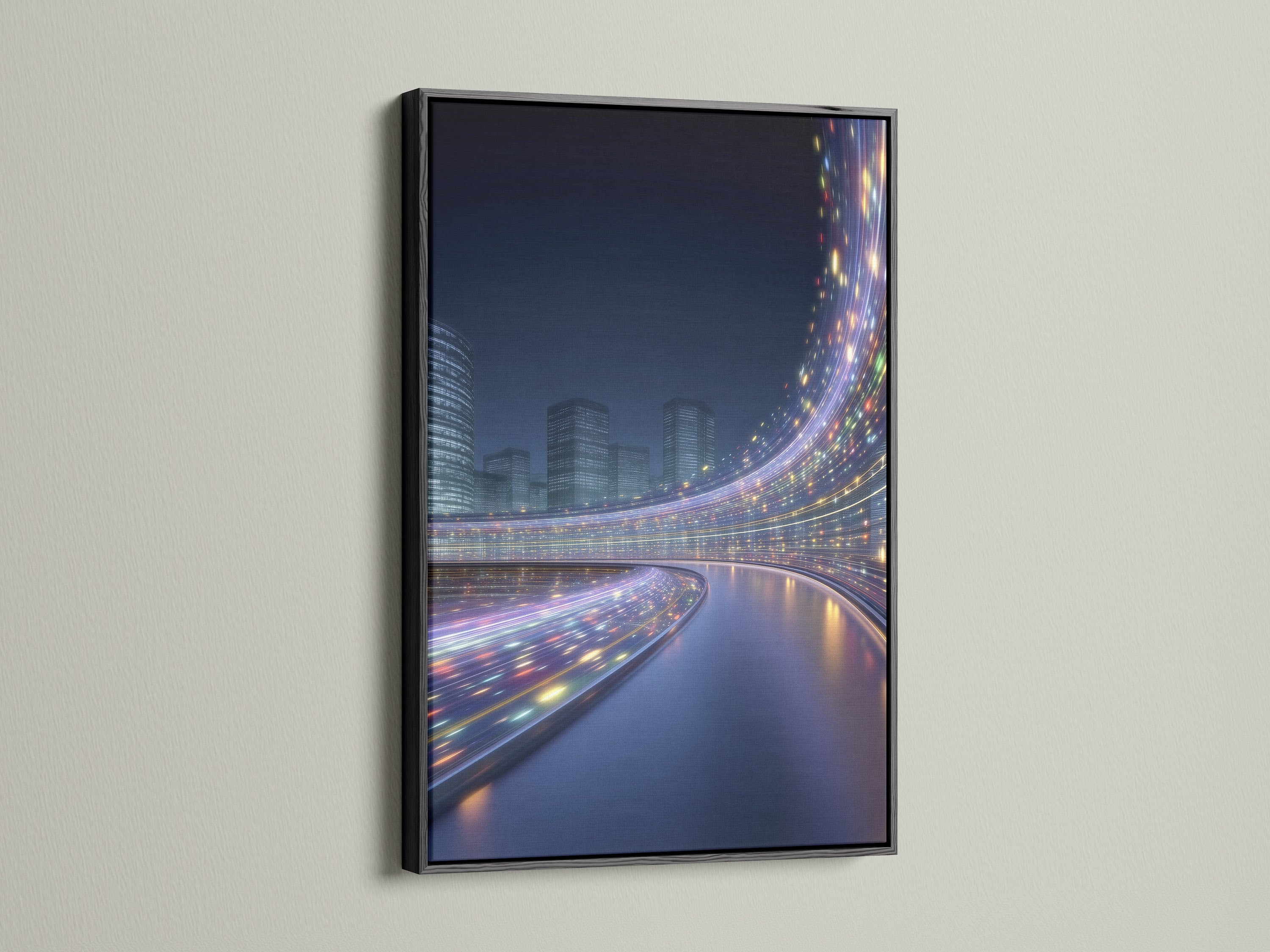 Futuristic cityscape artwork in a black frame. The modern urban wall art features stunning digital city lights. The black frame adds a bold and sophisticated touch. Ideal for creating a focal point in your living room bedroom or office space. It complements modern decor.