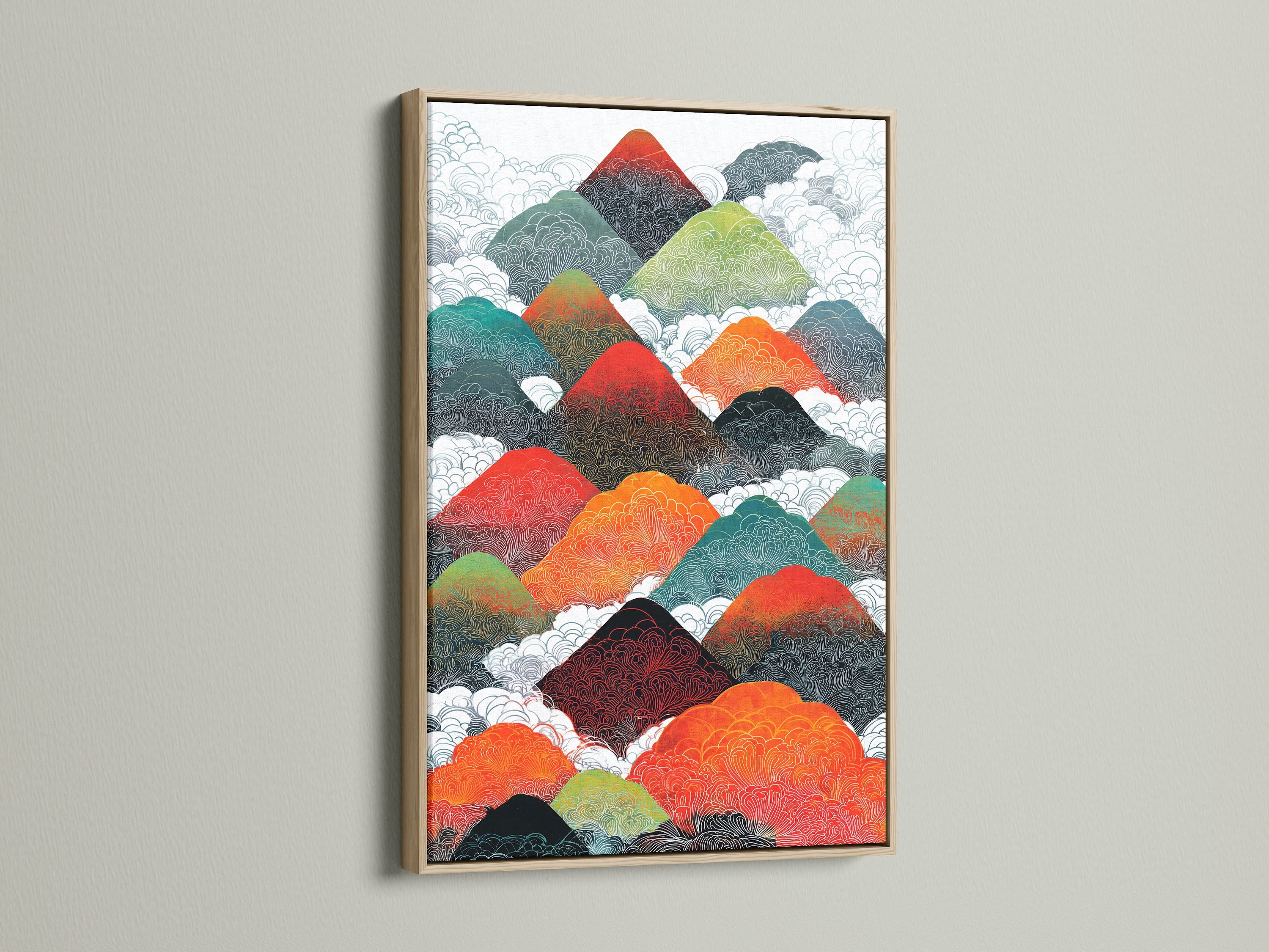 Admire this mountain range artwork in an oak frame. The abstract print adds a touch of nature to any space. The geometric canvas showcases colorful wall art. Ideal modern decor for living rooms bedrooms and offices.