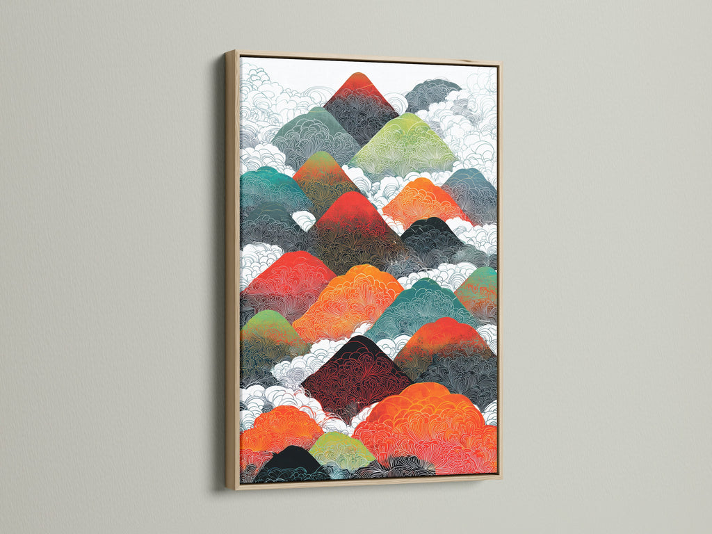 A captivating mountain range art print displayed in an oak frame. This abstract landscape wall artwork features a colorful mountain scene. Enhance your home wall decor with this modern art print. The oak frame complements the contemporary style.
