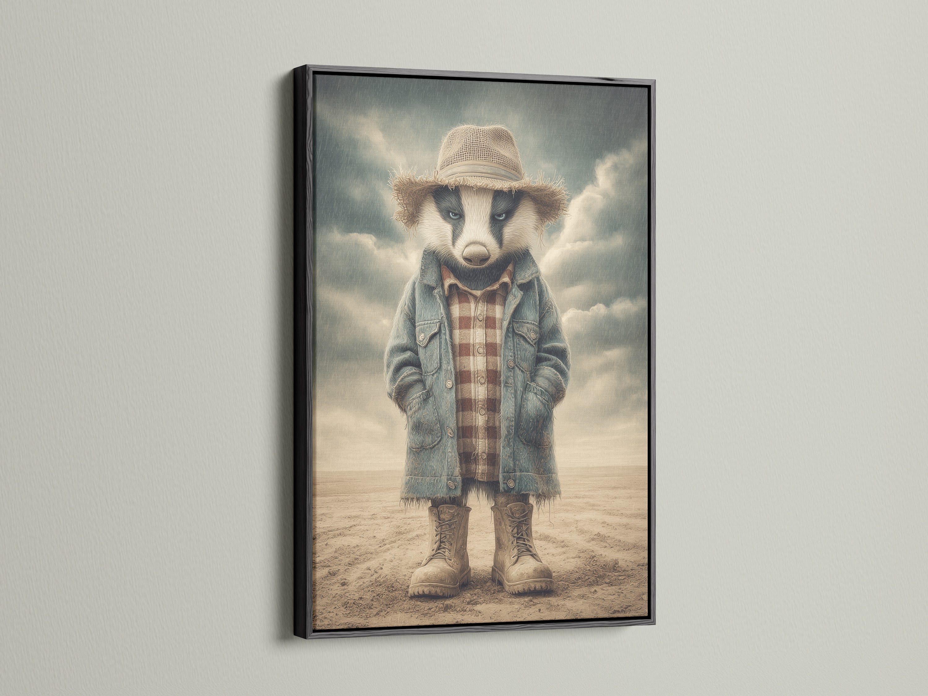 The Badger Cowboy art print is elegantly framed in black. This artwork is suitable for a modern farmhouse or western-themed room. The animal art adds a touch of vintage charm to any space. This canvas print creates a unique focal point in a nursery. It's perfect for homeowners seeking elevated decor.
