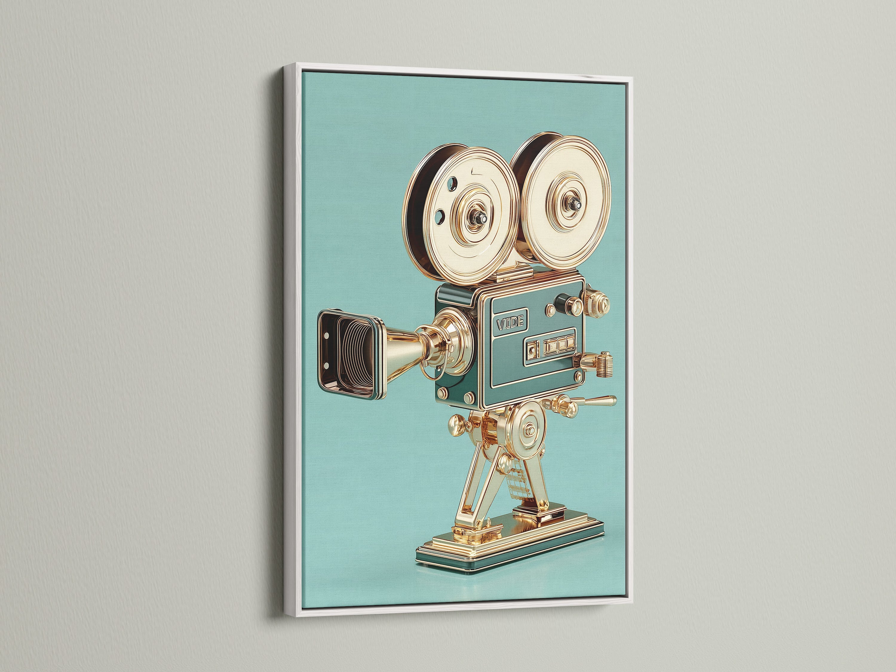 A vintage camera artwork is presented in a clean white frame. The crisp white frame provides a modern contrast to the vintage subject. This artwork is perfect for brightening up any room. The simplicity of the white frame allows the artwork to stand out. This makes it a versatile addition to any art collection.