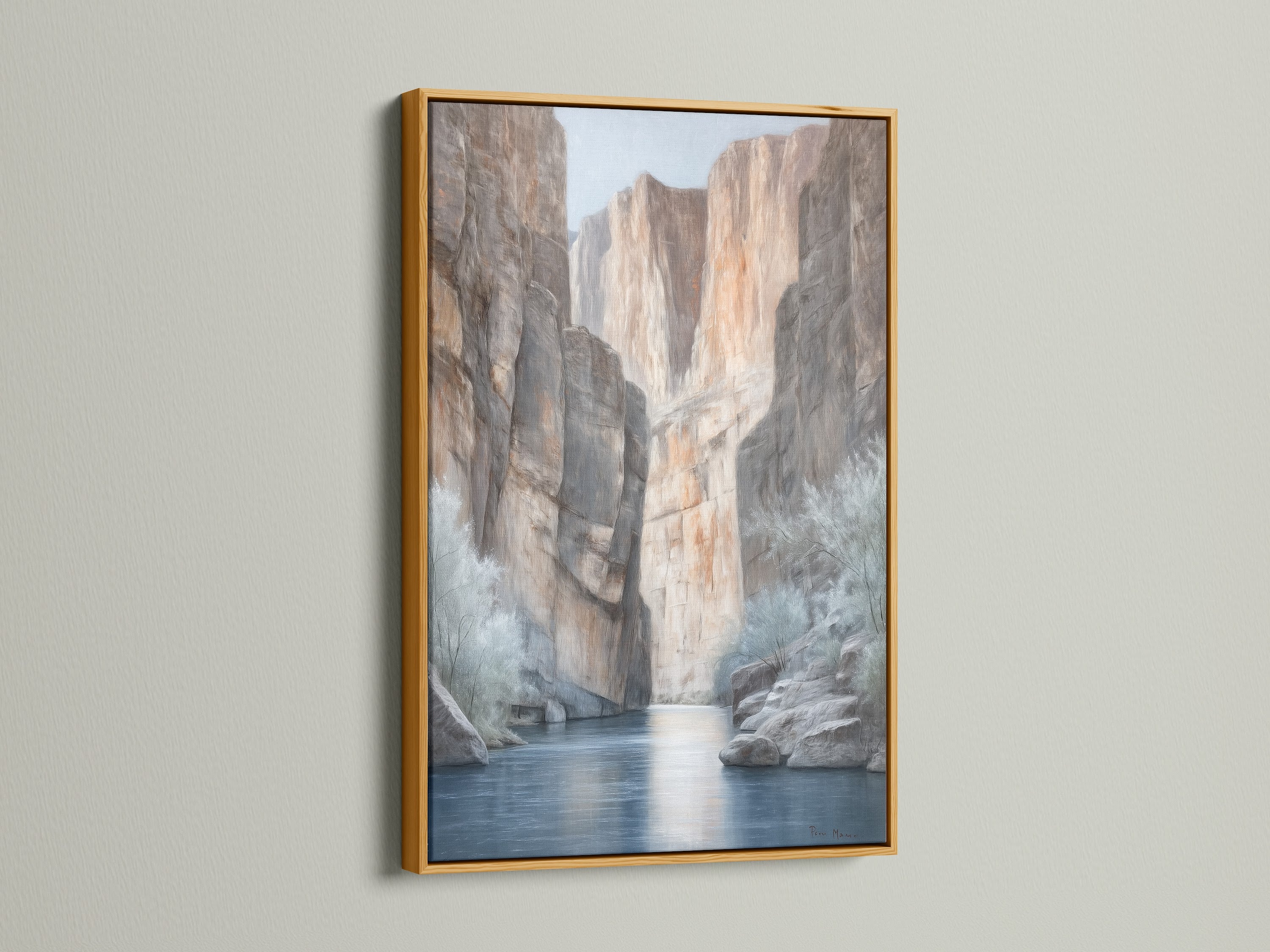 Canyon River canvas print with a luxurious gold frame. This nature painting brings elegance to any space. The gold frame enhances the neutral tones of the desert landscape. Perfect for adding a touch of sophistication to your office or living room. Explore this scenic canvas. It will be an eye-catching piece.