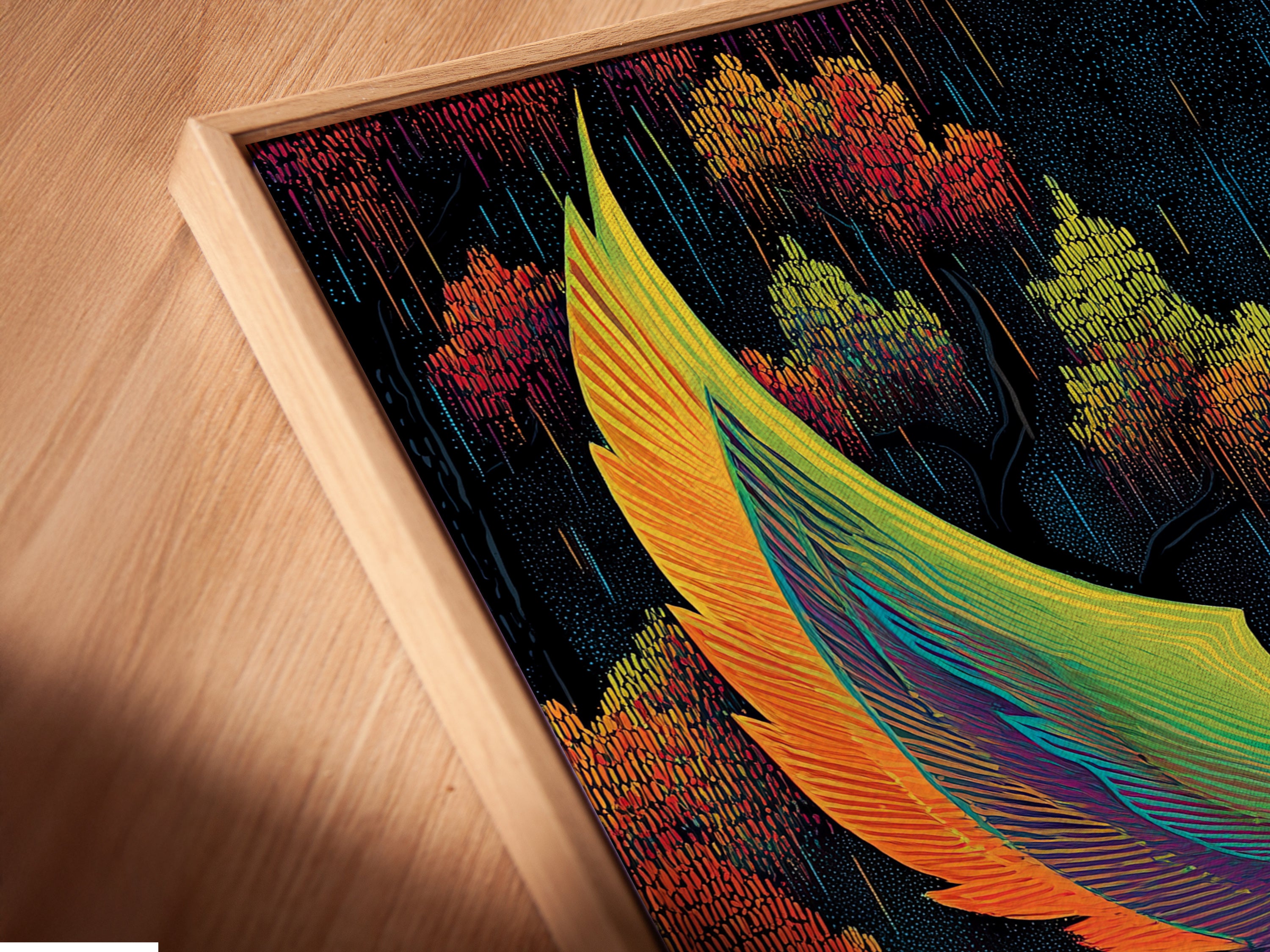 Close-up of a Phoenix Bird canvas print. This abstract artwork is displayed in a floating frame. The teal and orange hues create a vibrant look. The colorful bird art adds a modern touch to any space. Perfect for bedroom wall decor.