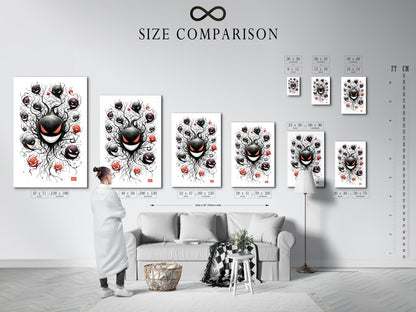 A size comparison chart displayed in an interior setting. Visualize the perfect dimensions for your artwork. See how different sizes impact the room's aesthetic. Choose the ideal size for your ghostly haunter art today.