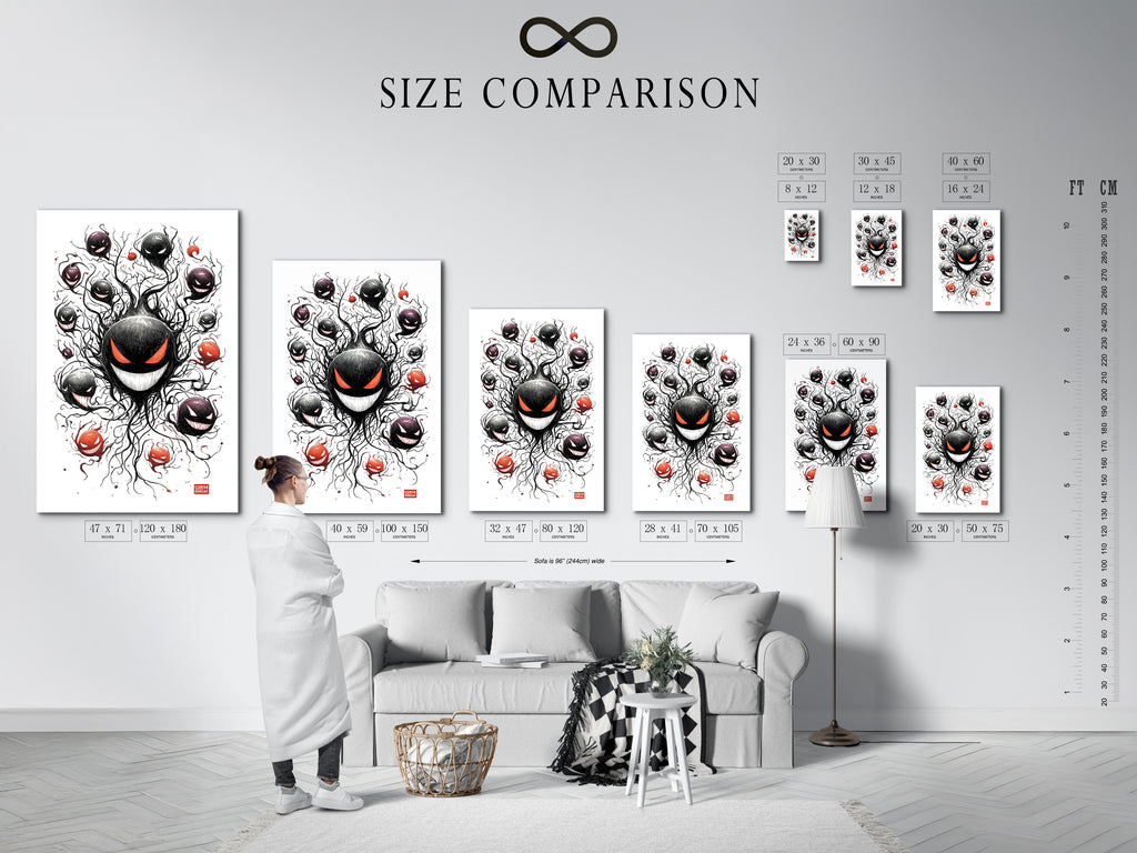 A size comparison chart is displayed in an interior setting with the ghostly gathering artwork. See how this spooky wall decor fits in your space. Perfect for game rooms. This eerie gaming artwork enhances any room's style.