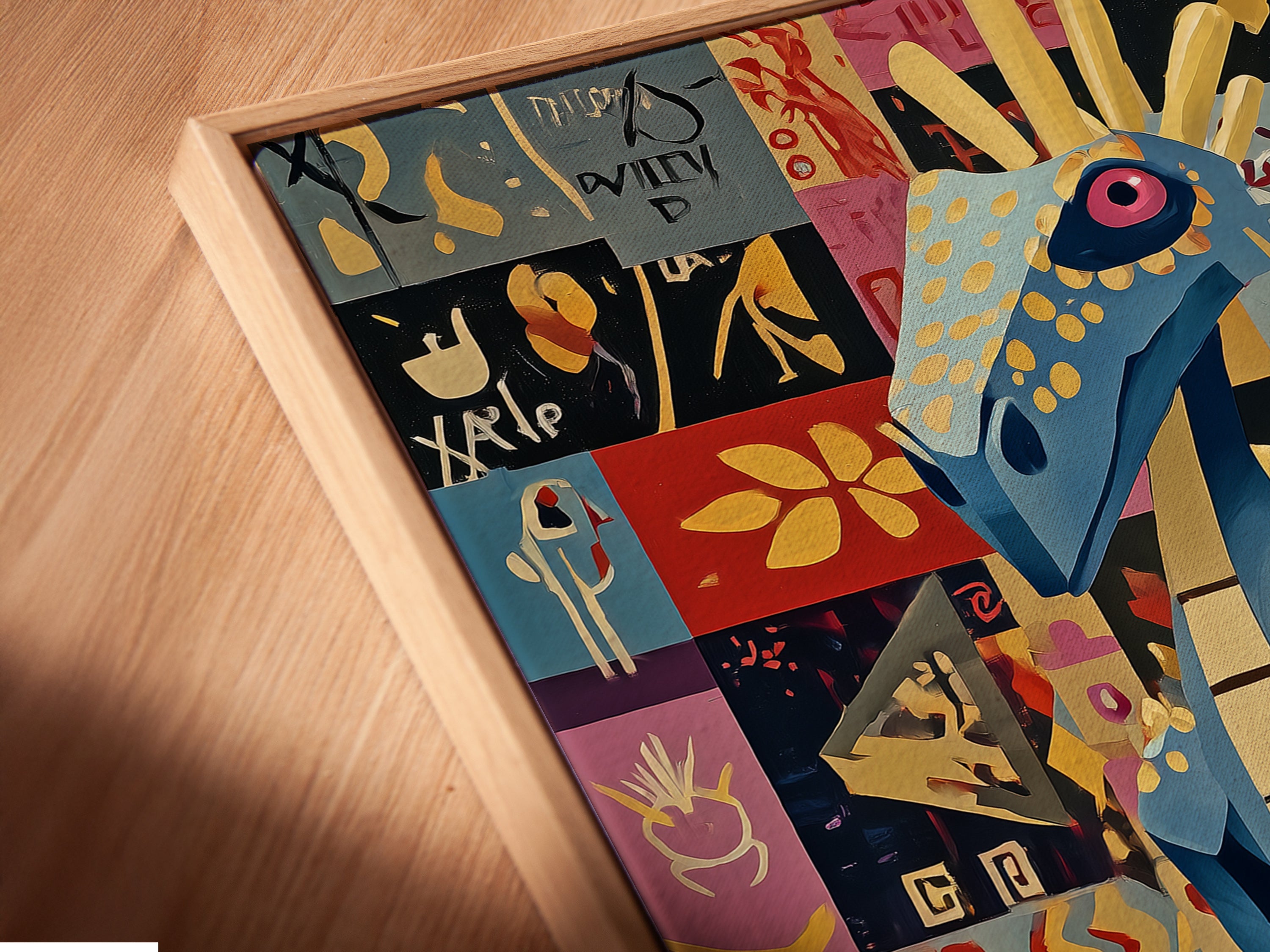 Close-up angled view of the weightlifting dragon canvas print in a floating frame. The blue dragon is lifting weights. The artwork enhances gym wall decor. This pop art piece offers a modern and stylish touch to any workout space. It's perfect for fitness enthusiasts.