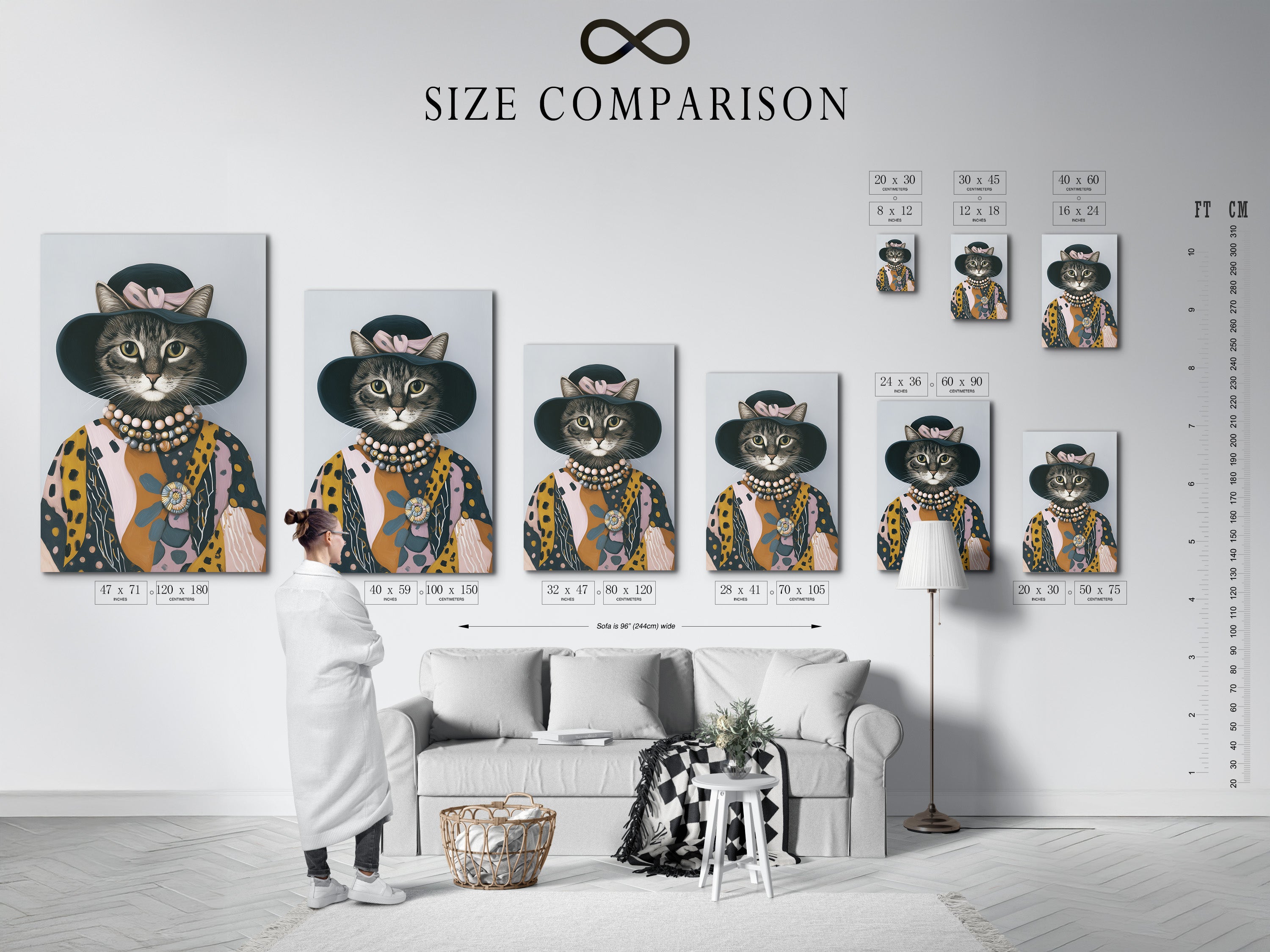 A size comparison chart for vintage cat portrait art is displayed in an interior setting. Visualize the perfect fit for your space. Choose from various sizes of animal wall decor. Find the right portrait wall art.