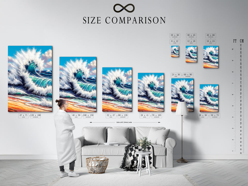 The size comparison chart is displayed in an interior setting. Visualize how the ocean wave artwork fits in your space. The teal seascape canvas is available in various sizes. Perfect for different room dimensions. Choose the ideal beach print.