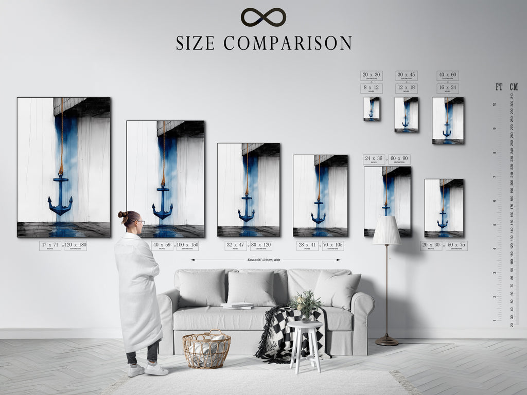 Size comparison chart in an interior setting for anchor nautical artwork. See how this coastal piece fits your space. The navy blue ocean theme is perfect for minimalist Scandinavian or nautical styles. Ideal for bathroom living room bedroom or home offices. Visualize your perfect art today.