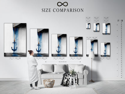 Size comparison chart in an interior setting for anchor nautical artwork. See how this coastal piece fits your space. The navy blue ocean theme is perfect for minimalist Scandinavian or nautical styles. Ideal for bathroom living room bedroom or home offices. Visualize your perfect art today.