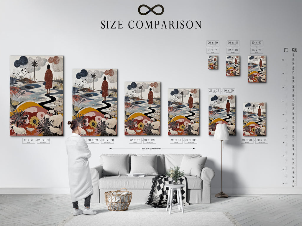 A size comparison chart is displayed in an interior setting. See how different sizes of artwork can transform your space. The artwork features a figure walking along a winding path. Sheep graze in a field of flowers. Find the perfect size for your home.